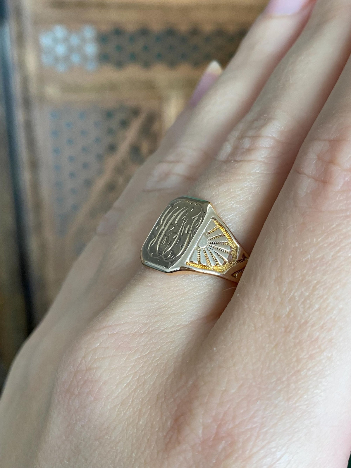 Vintage Solid 10k Rosey Gold Monogram Designed Signet Ring - Size 8.25