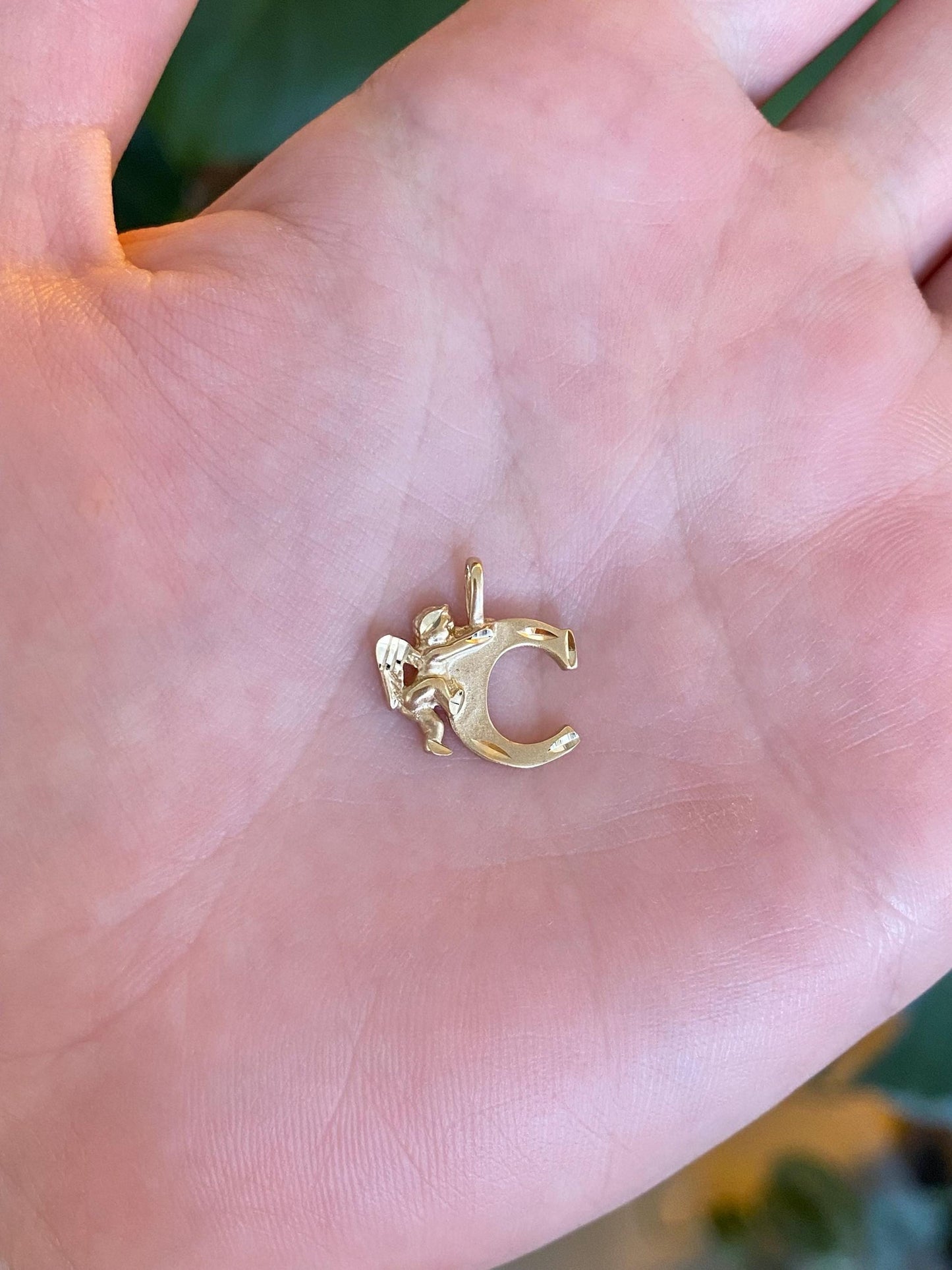 Vintage Solid 10k Yellow Gold Diamond Cut Angel Initial 'C' Charm