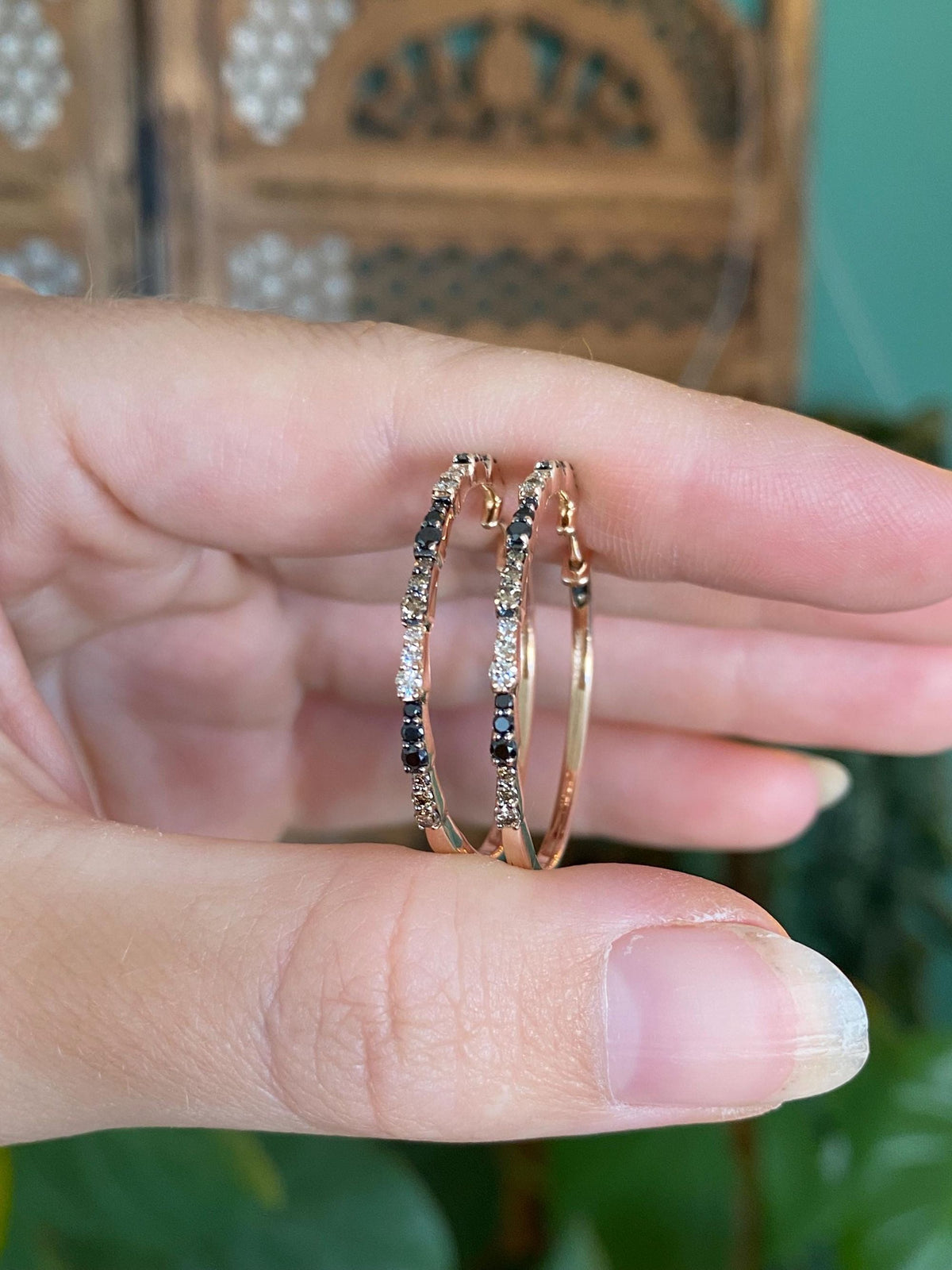 Vintage Solid 14k Rose Gold Clear, Brown & Black Diamond Hoop Earrings