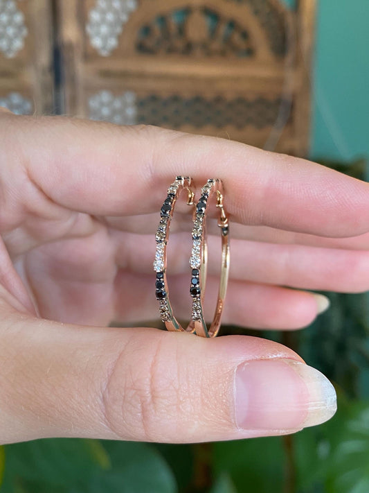 Vintage Solid 14k Rose Gold Clear, Brown & Black Diamond Hoop Earrings