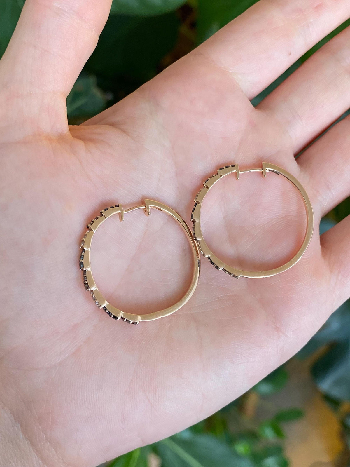 Vintage Solid 14k Rose Gold Clear, Brown & Black Diamond Hoop Earrings