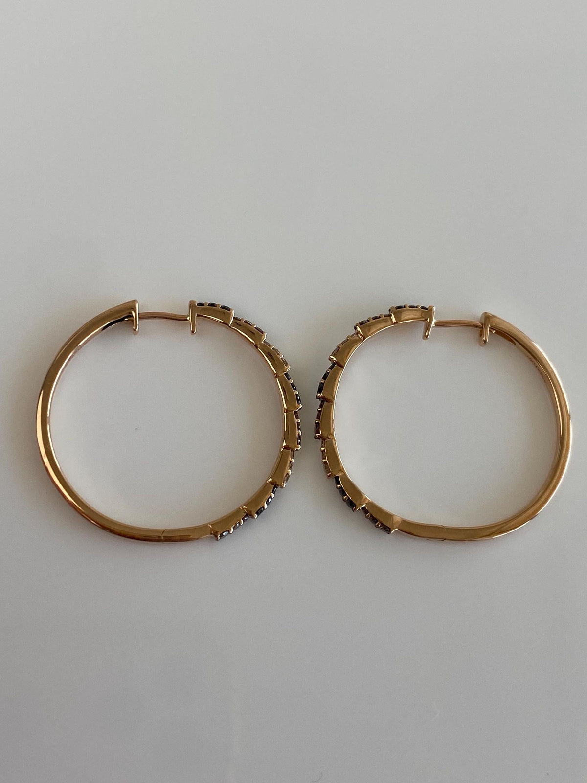 Vintage Solid 14k Rose Gold Clear, Brown & Black Diamond Hoop Earrings