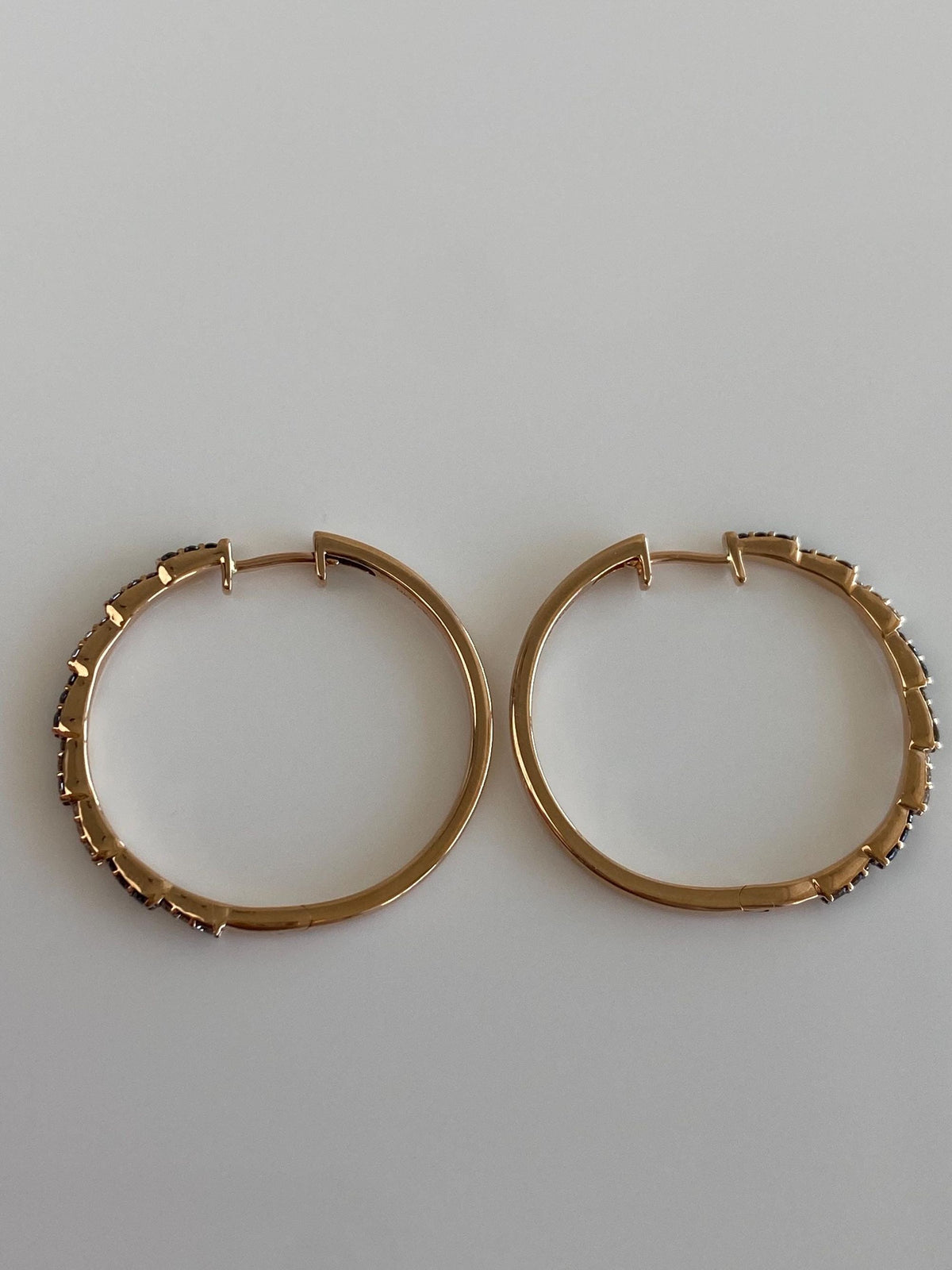 Vintage Solid 14k Rose Gold Clear, Brown & Black Diamond Hoop Earrings