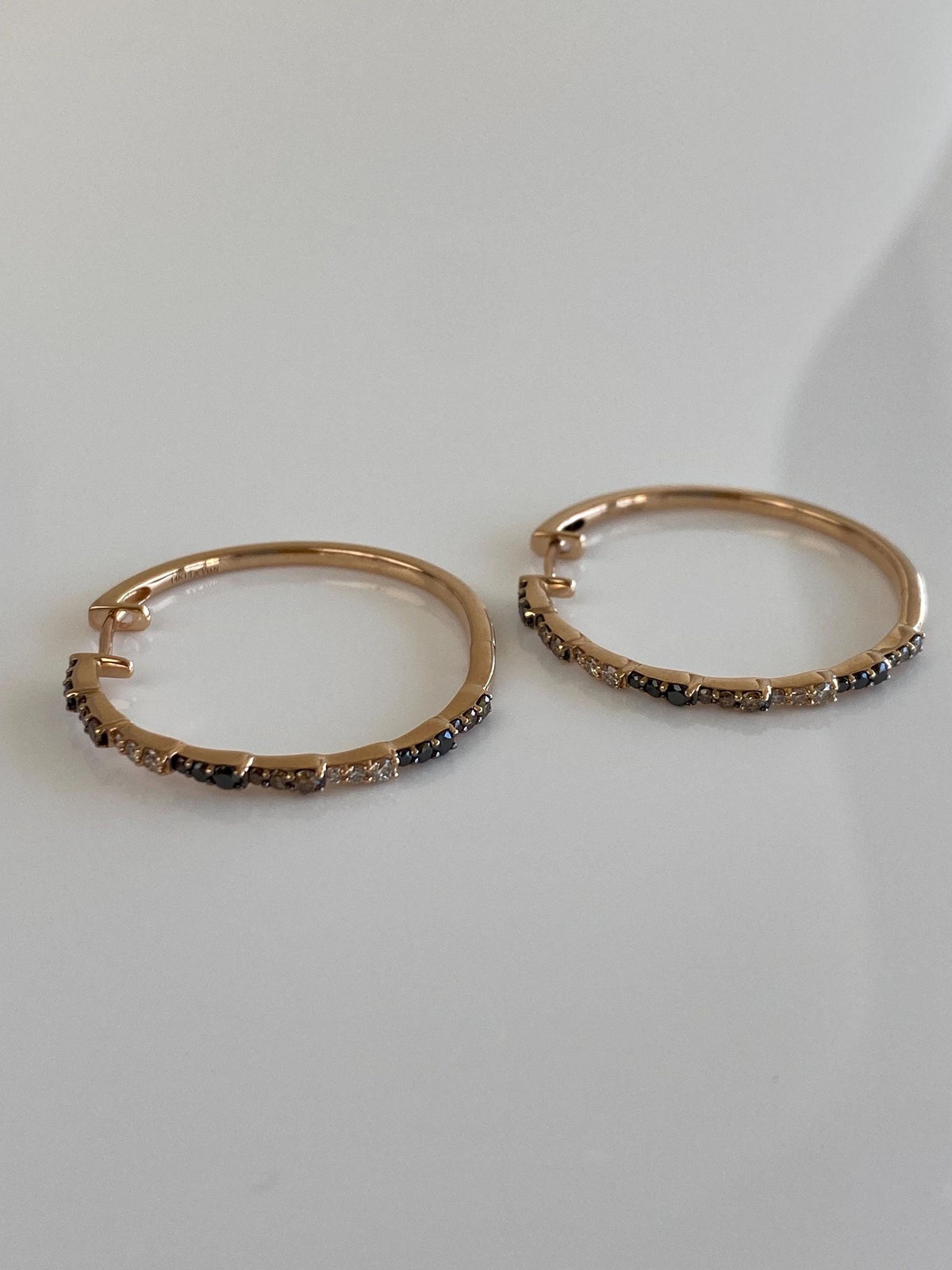 Vintage Solid 14k Rose Gold Clear, Brown & Black Diamond Hoop Earrings