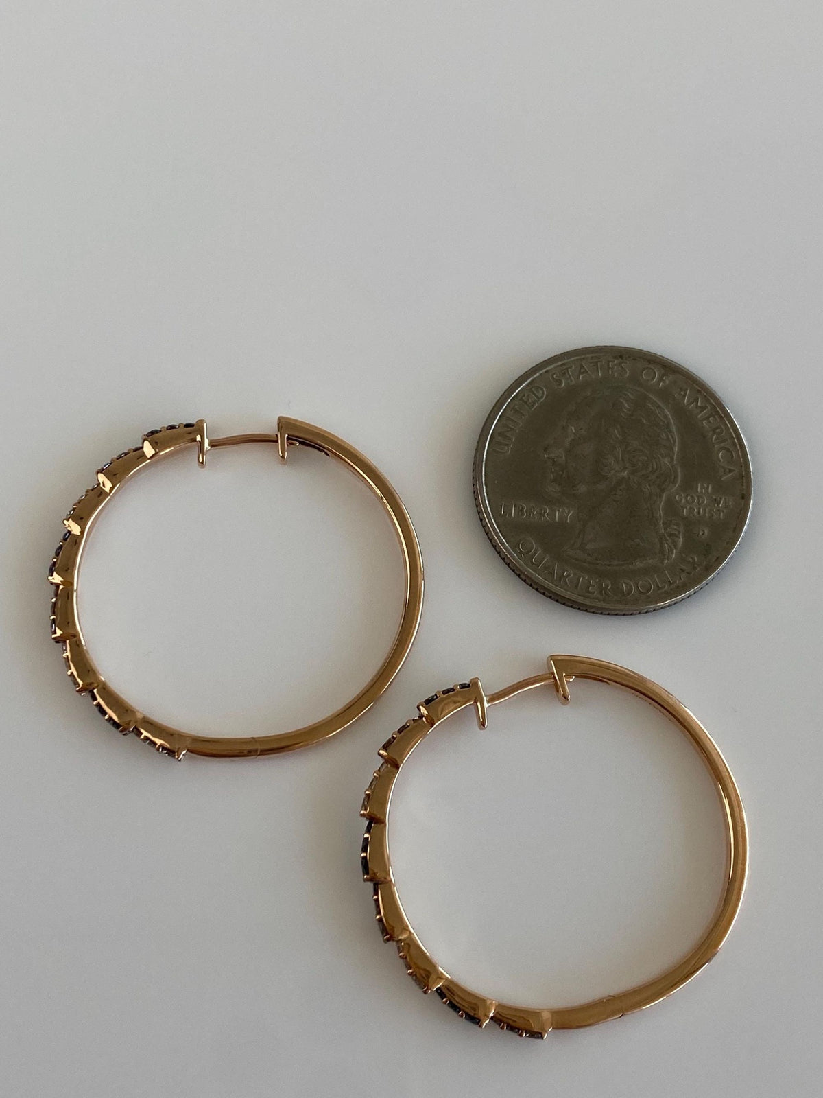 Vintage Solid 14k Rose Gold Clear, Brown & Black Diamond Hoop Earrings