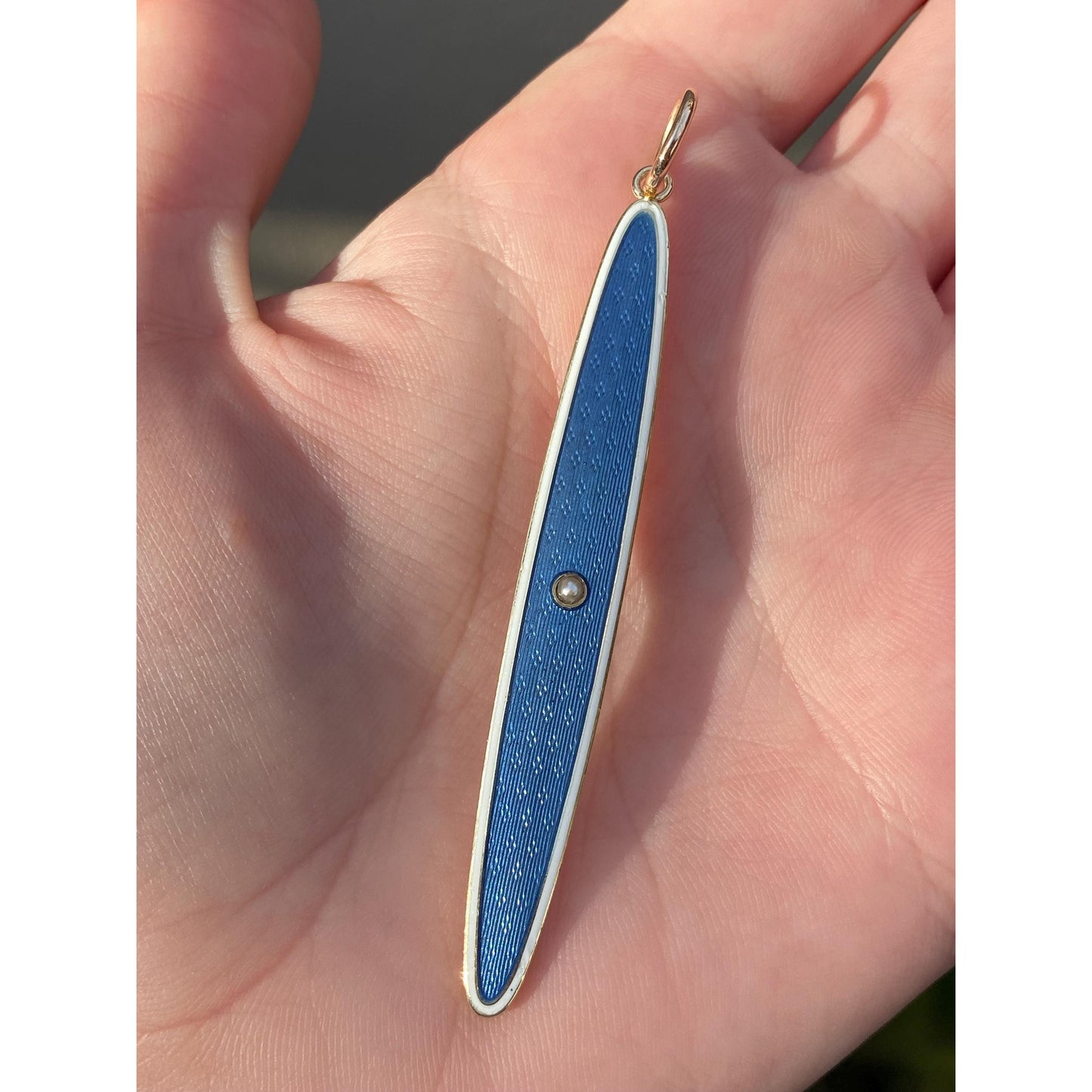 Vintage Solid 14k Rosey Gold Pearl Blue White Enamel Long Oval Charm