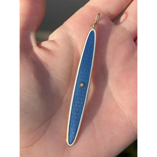 Vintage Solid 14k Rosey Gold Pearl Blue White Enamel Long Oval Charm