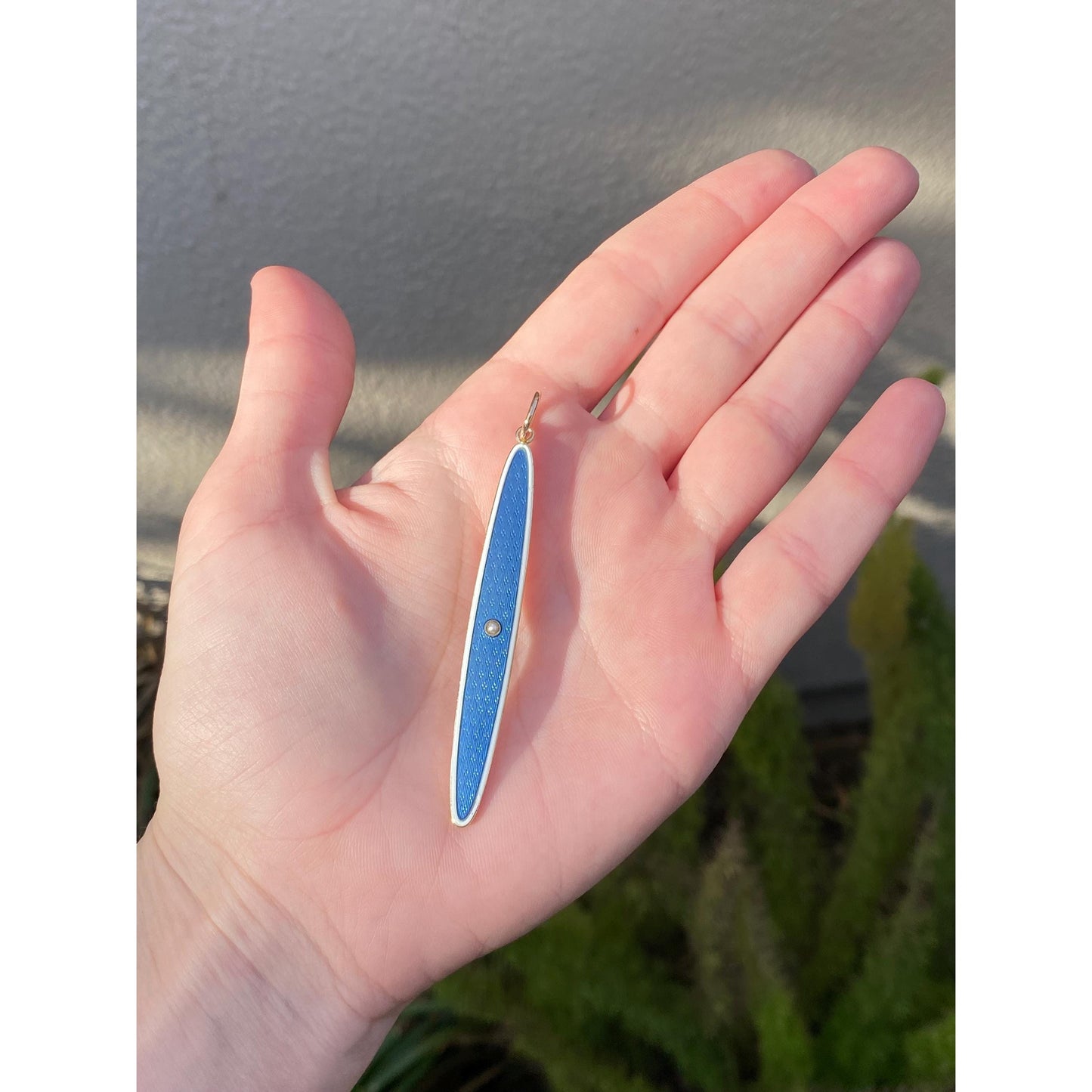 Vintage Solid 14k Rosey Gold Pearl Blue White Enamel Long Oval Charm