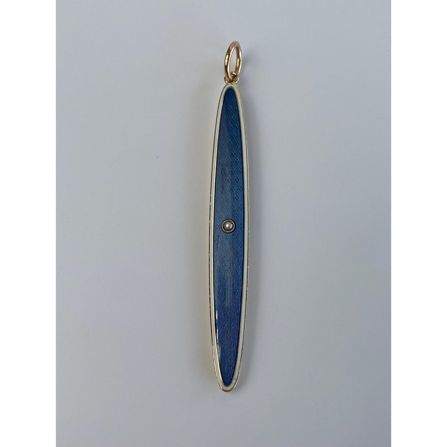 Vintage Solid 14k Rosey Gold Pearl Blue White Enamel Long Oval Charm