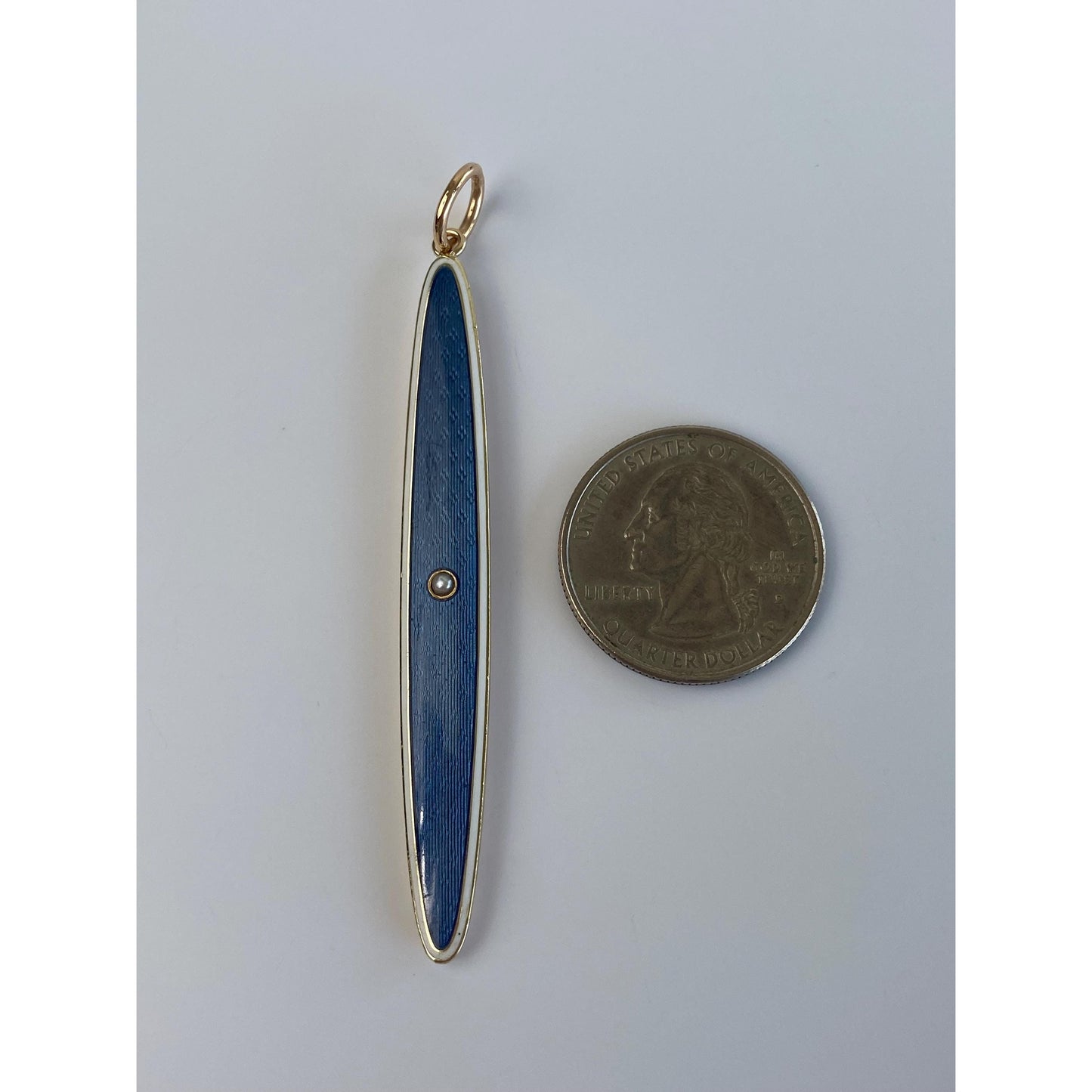 Vintage Solid 14k Rosey Gold Pearl Blue White Enamel Long Oval Charm