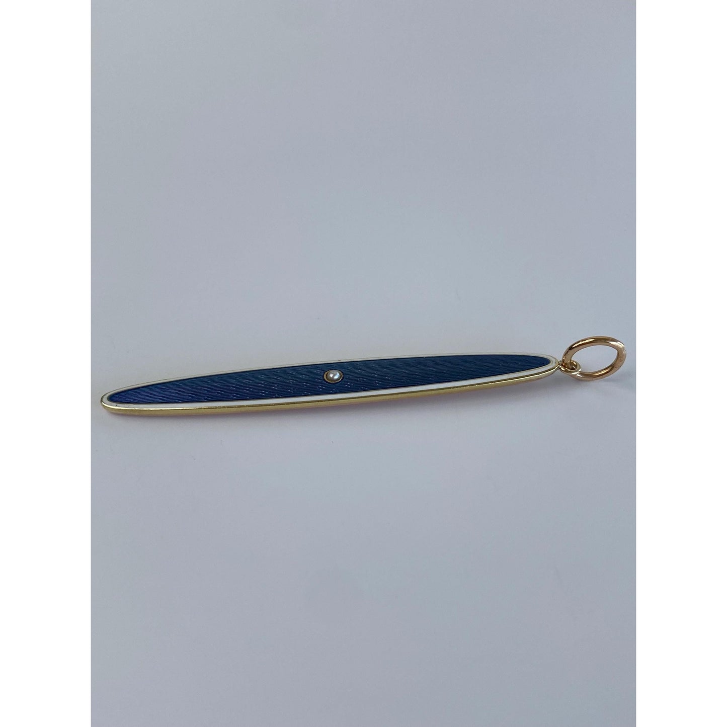 Vintage Solid 14k Rosey Gold Pearl Blue White Enamel Long Oval Charm