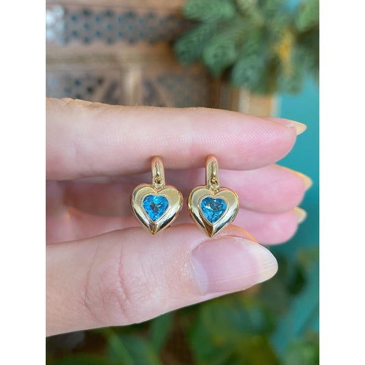 Vintage 14k Yellow Gold Topaz Heart Charm Hoop Earrings