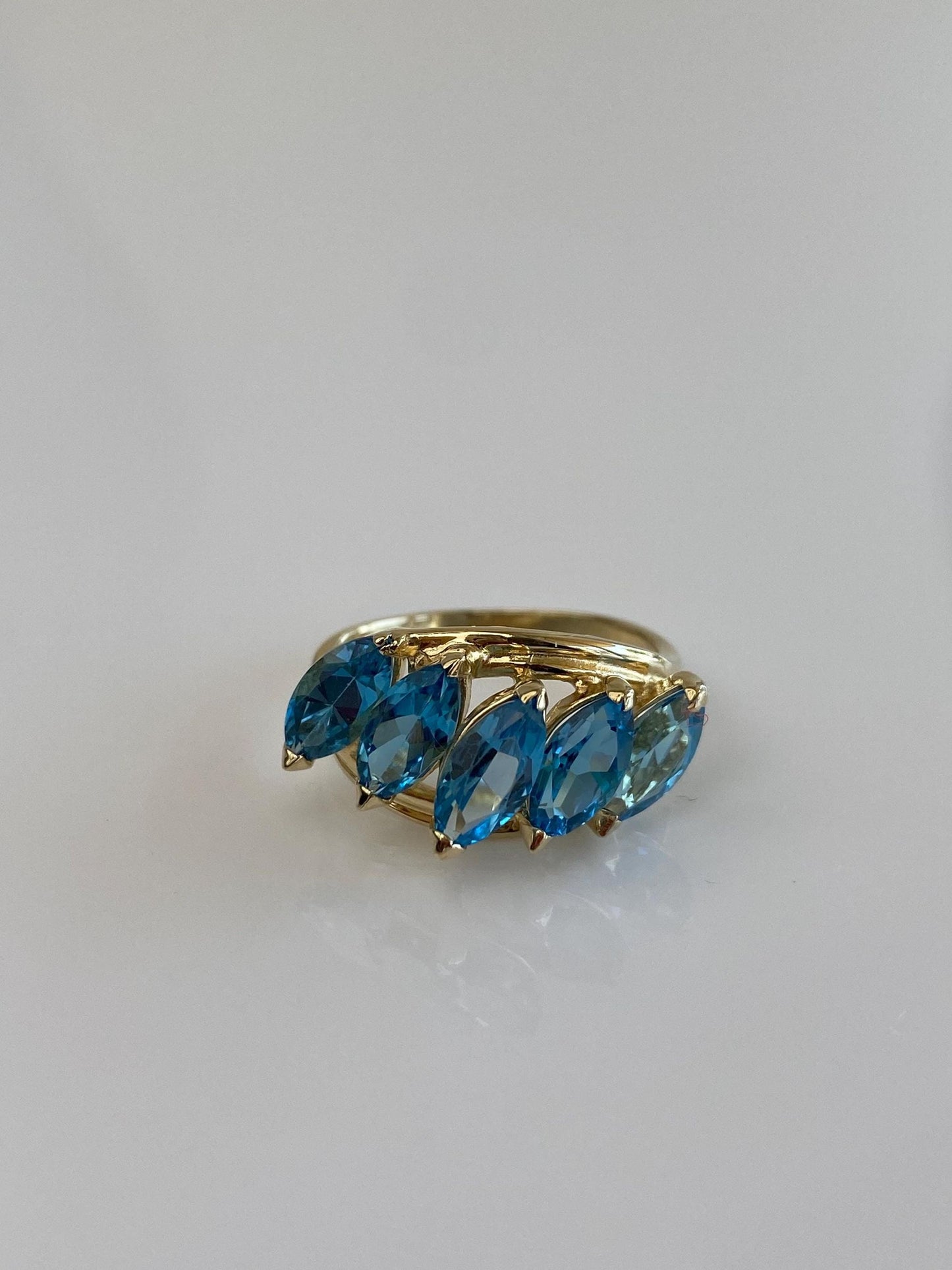 Vintage Solid 14k Yellow Gold Marquise Topaz Row Ring - Size 6.5