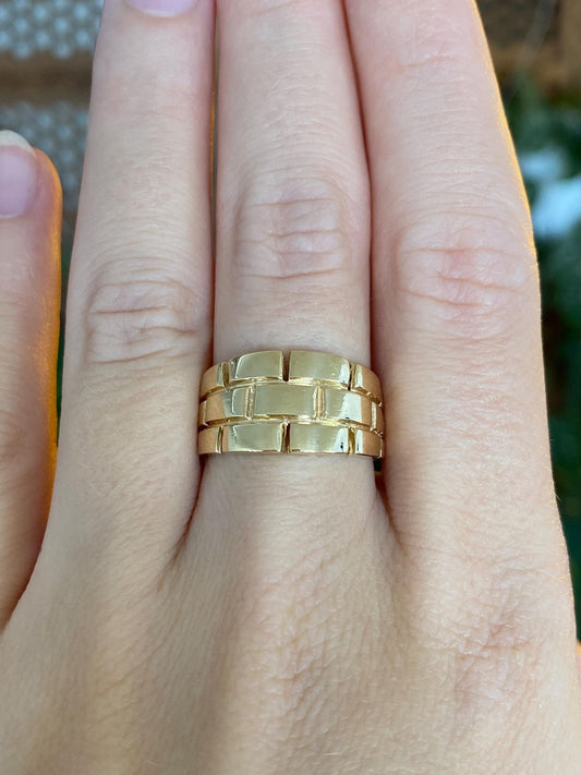 Vintage Solid 18k Yellow Gold Brickwork Ring Band - Size 7.75