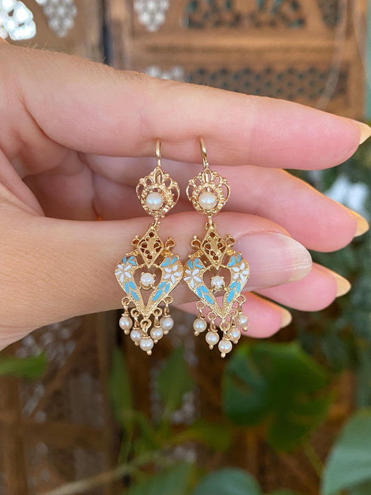 Vintage Solid 14k Yellow Gold Enamel Pearls Ornate Dangle Earrings