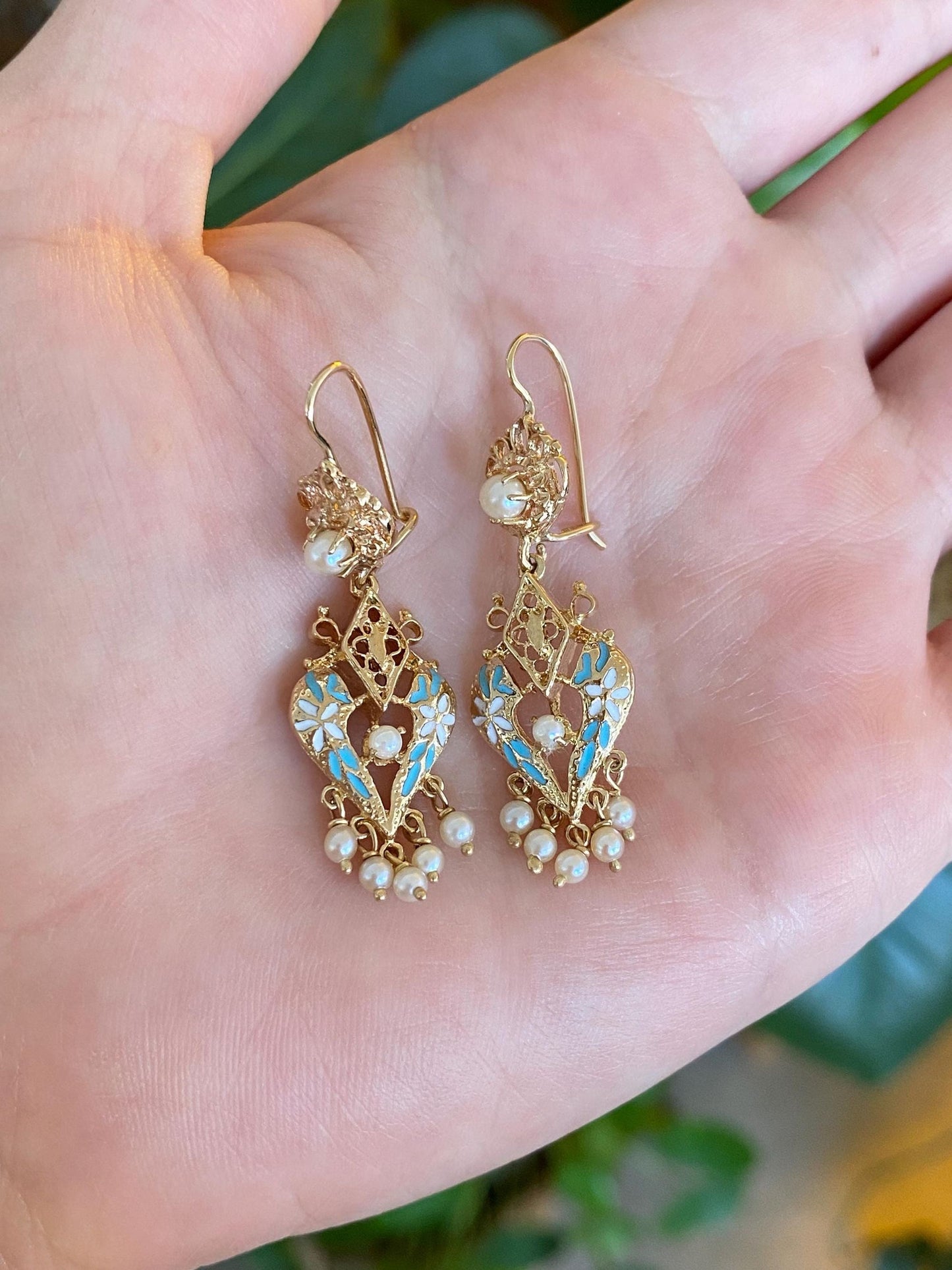 Vintage Solid 14k Yellow Gold Enamel Pearls Ornate Dangle Earrings
