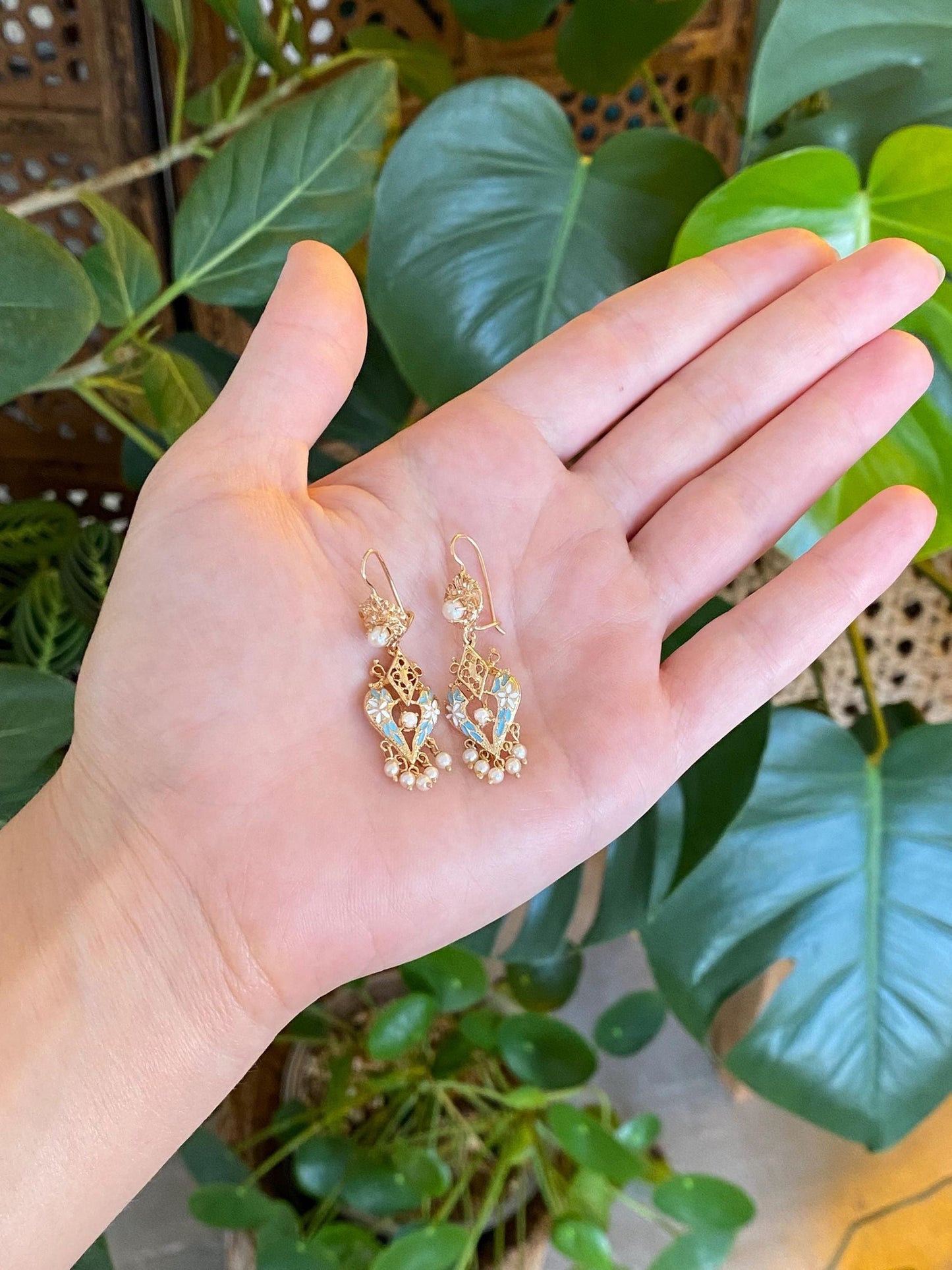 Vintage Solid 14k Yellow Gold Enamel Pearls Ornate Dangle Earrings