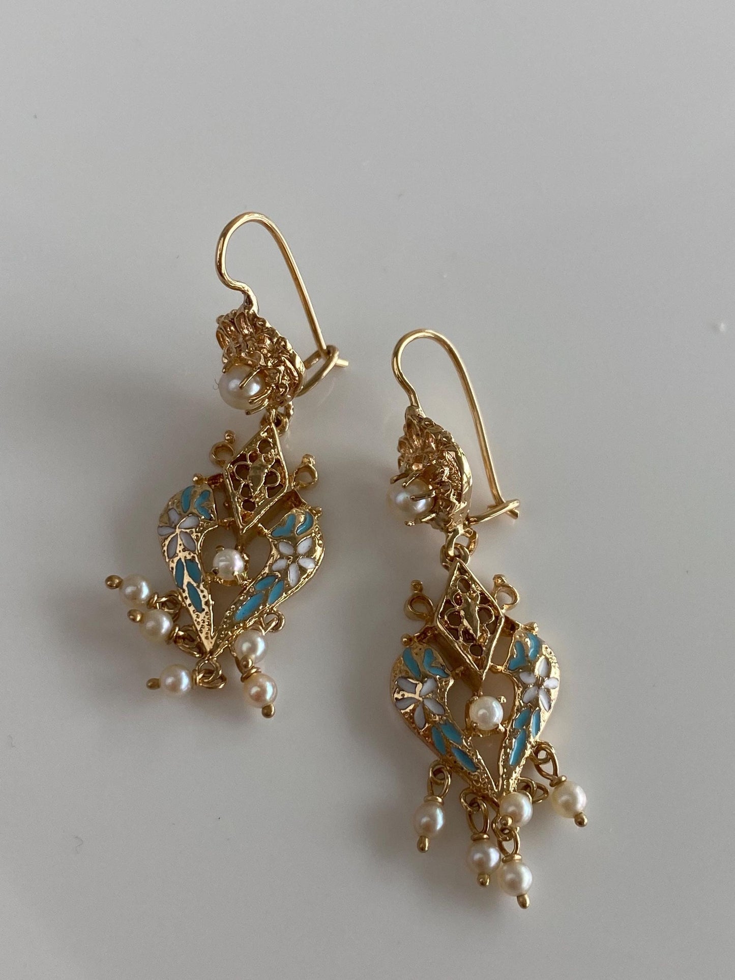 Vintage Solid 14k Yellow Gold Enamel Pearls Ornate Dangle Earrings