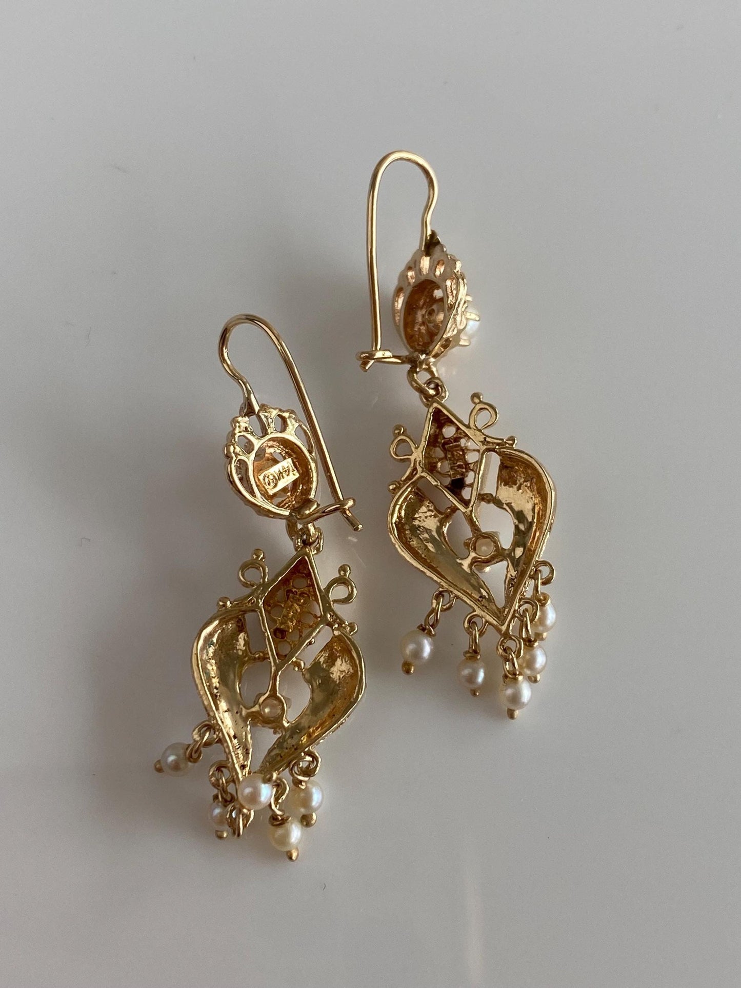 Vintage Solid 14k Yellow Gold Enamel Pearls Ornate Dangle Earrings