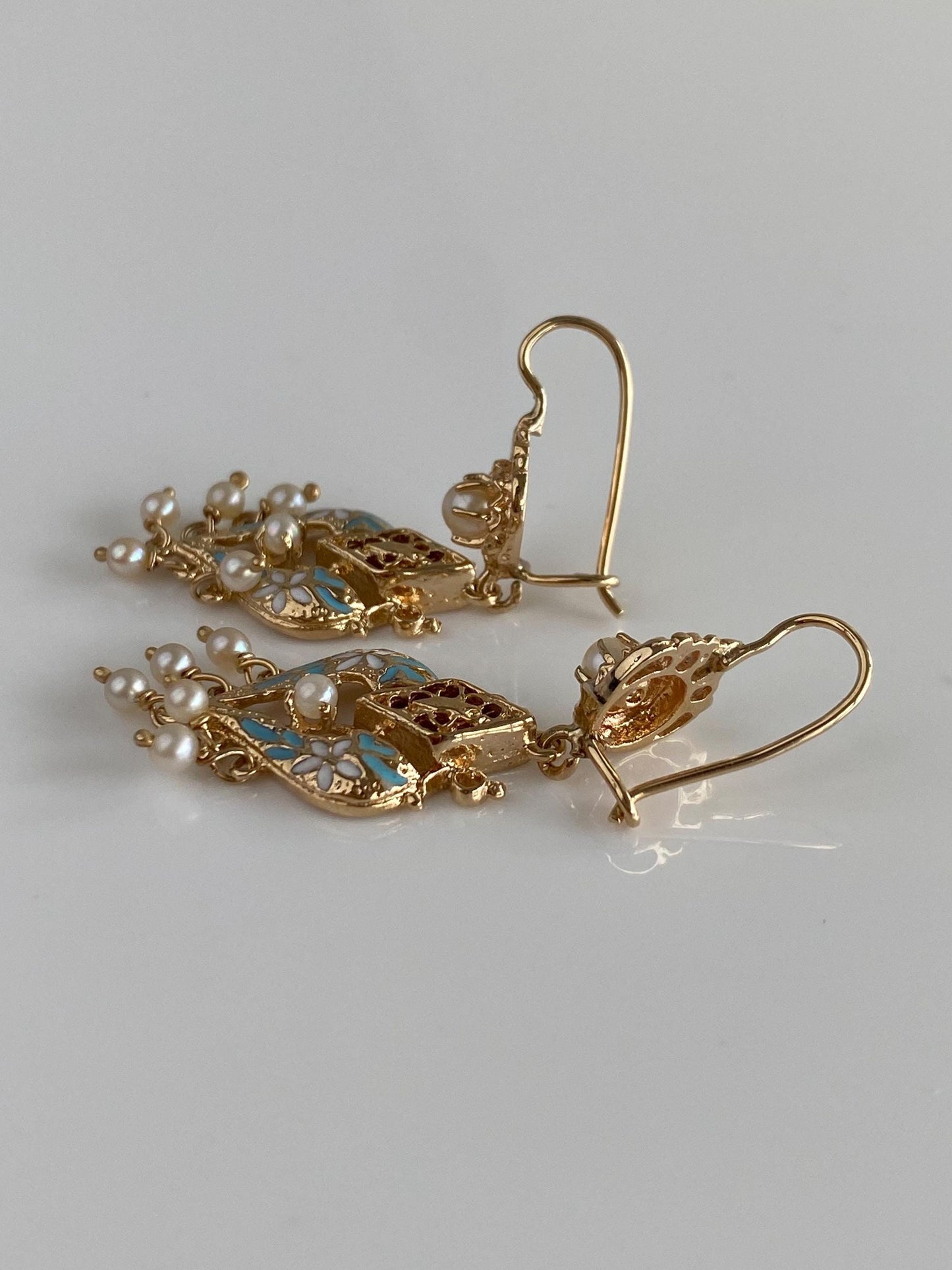 Vintage Solid 14k Yellow Gold Enamel Pearls Ornate Dangle Earrings