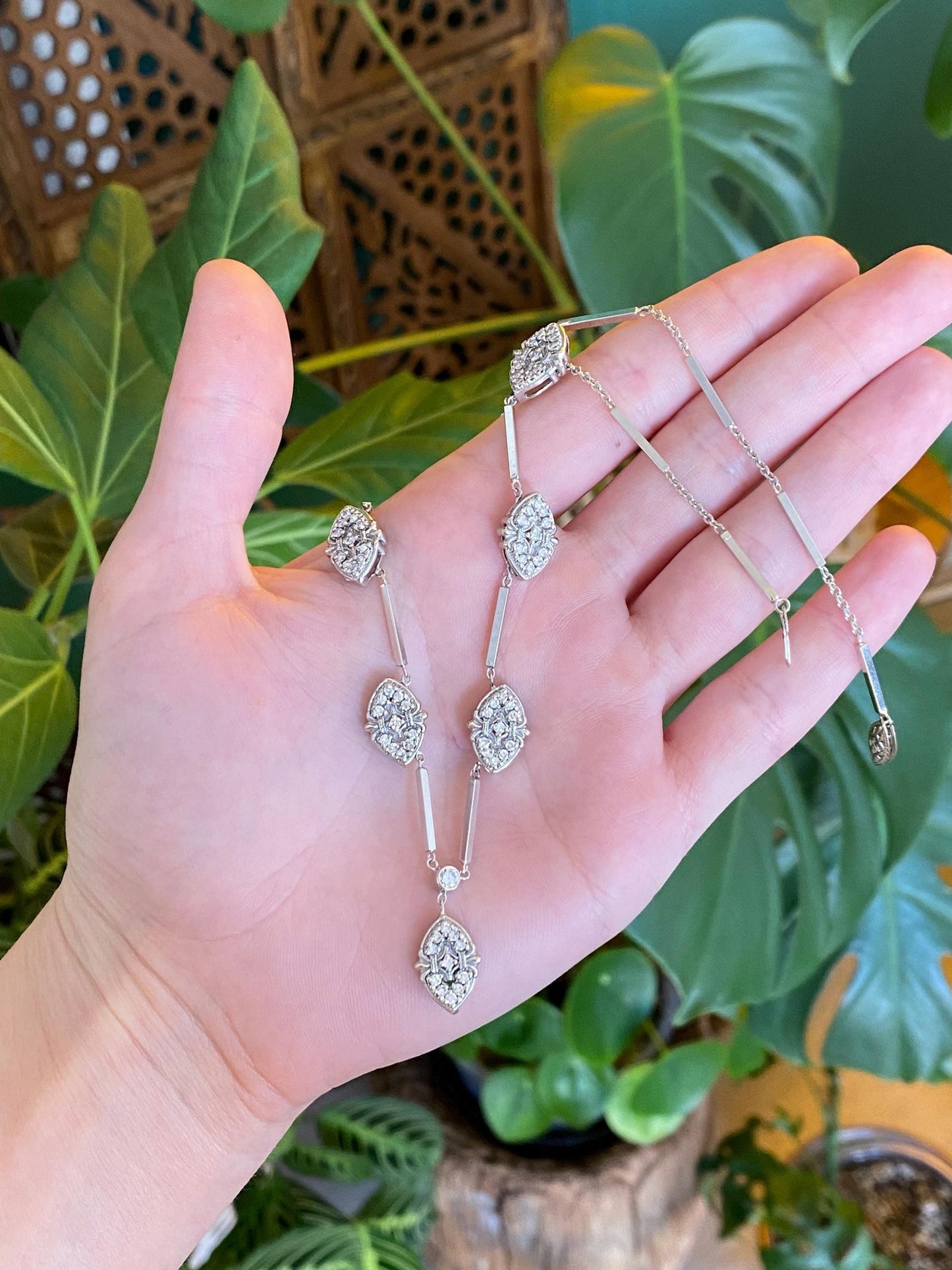 Vintage Solid 14k White Gold Diamond Bar Link Cable Chain Necklace - 16 inches