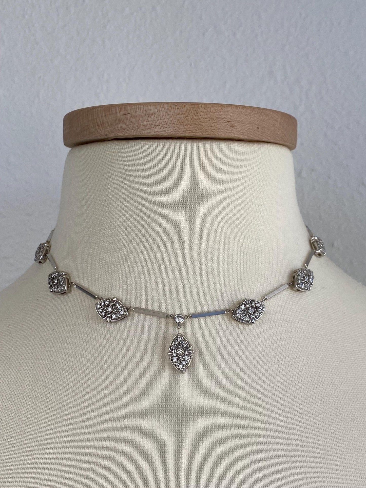 Vintage Solid 14k White Gold Diamond Bar Link Cable Chain Necklace - 16 inches