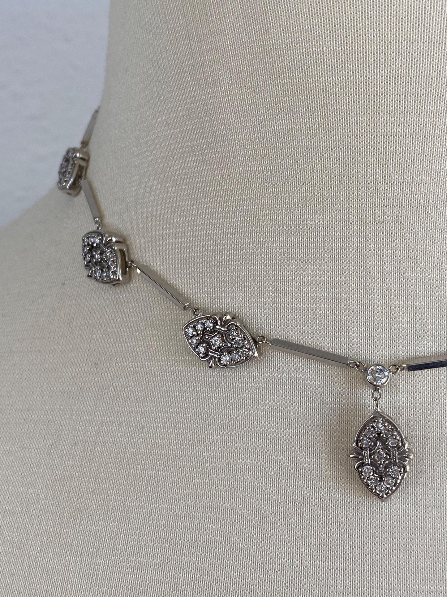 Vintage Solid 14k White Gold Diamond Bar Link Cable Chain Necklace - 16 inches