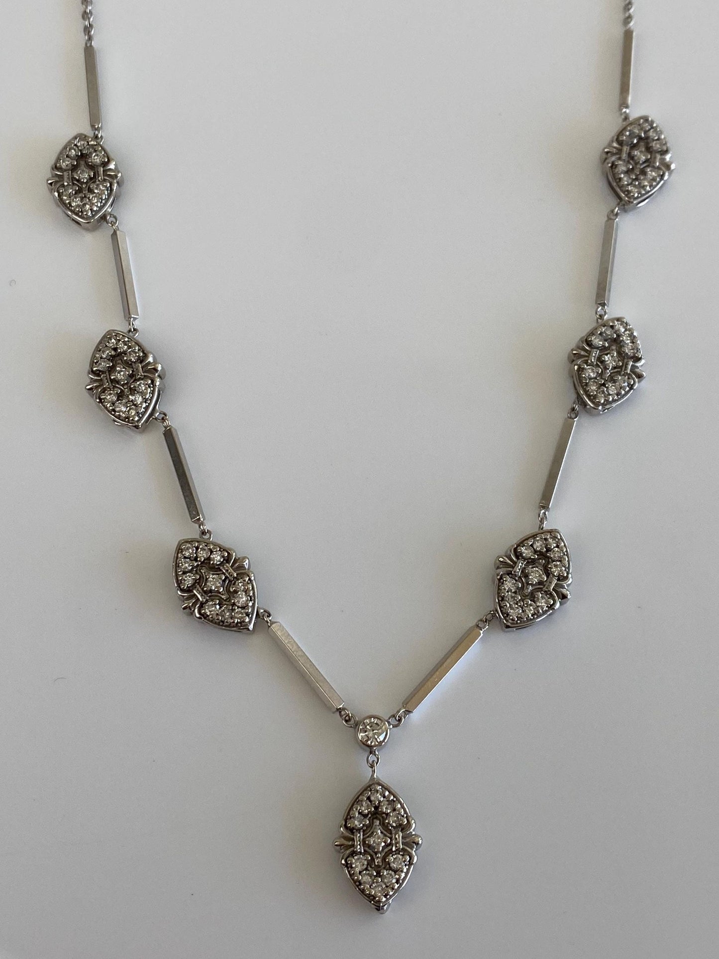 Vintage Solid 14k White Gold Diamond Bar Link Cable Chain Necklace - 16 inches