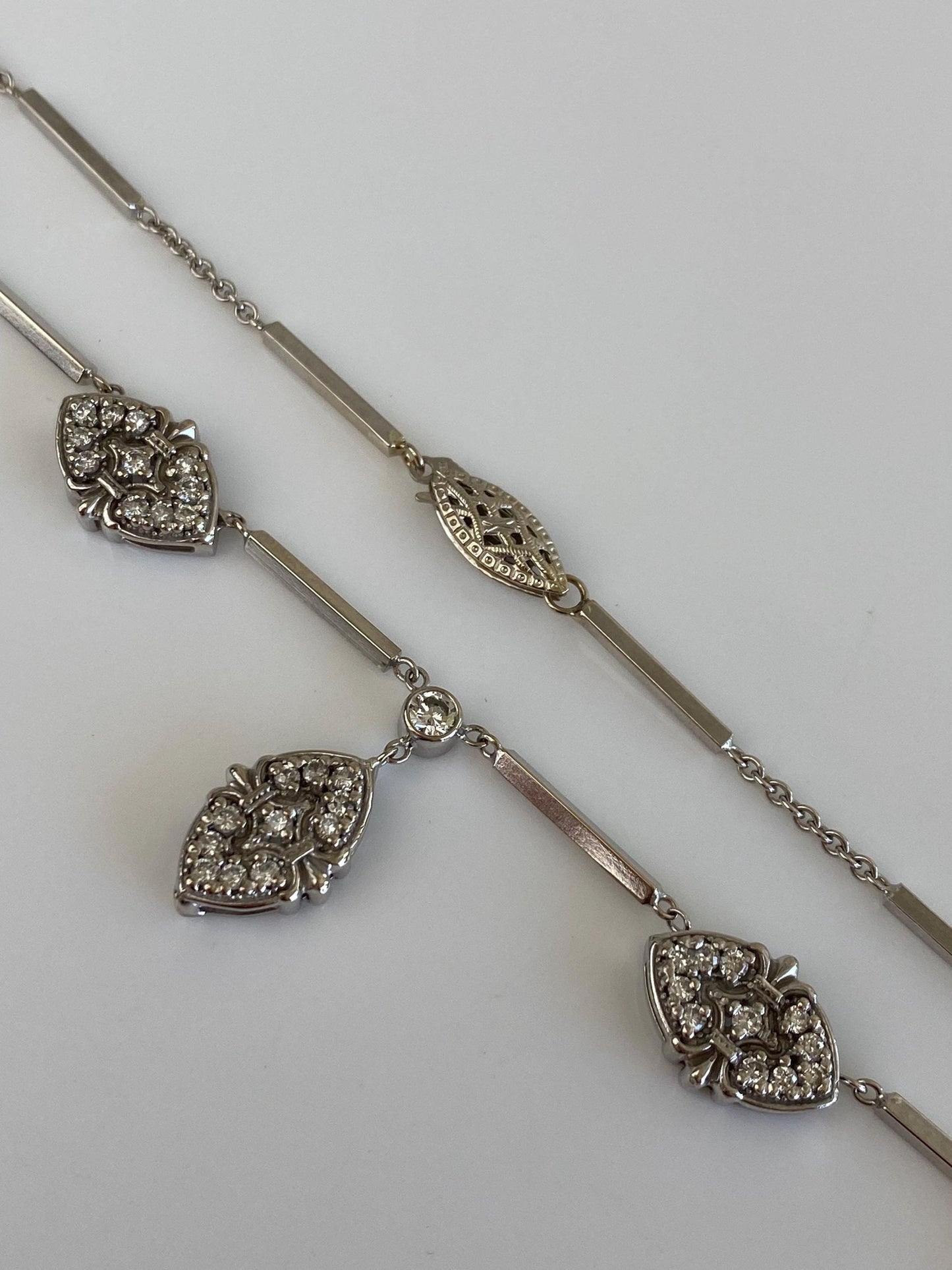 Vintage Solid 14k White Gold Diamond Bar Link Cable Chain Necklace - 16 inches