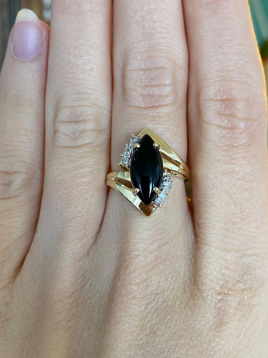 Vintage Solid 14k Yellow Gold Diamond Black Onyx Marquis Ring - Size 6