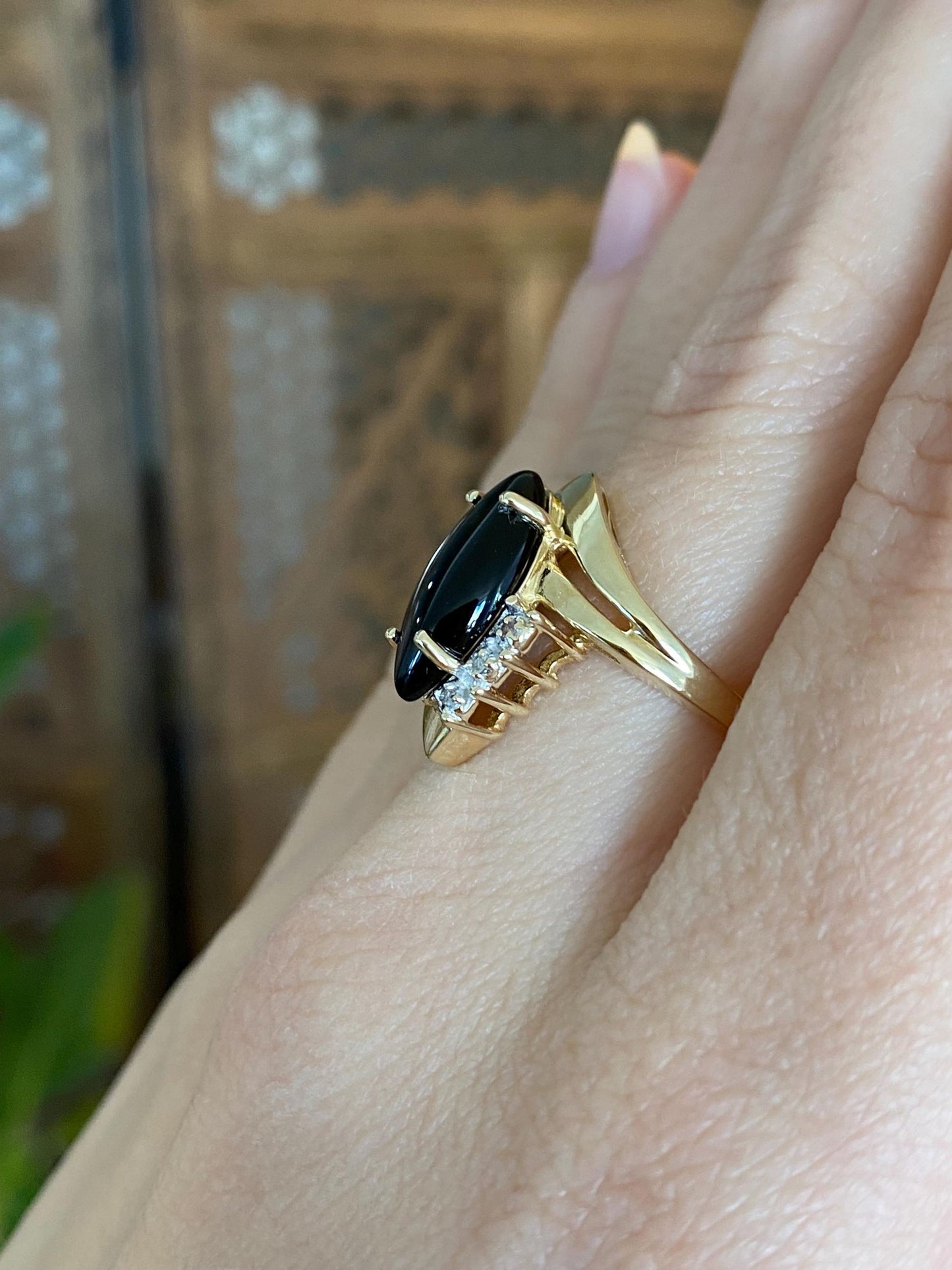 Vintage Solid 14k Yellow Gold Diamond Black Onyx Marquis Ring - Size 6