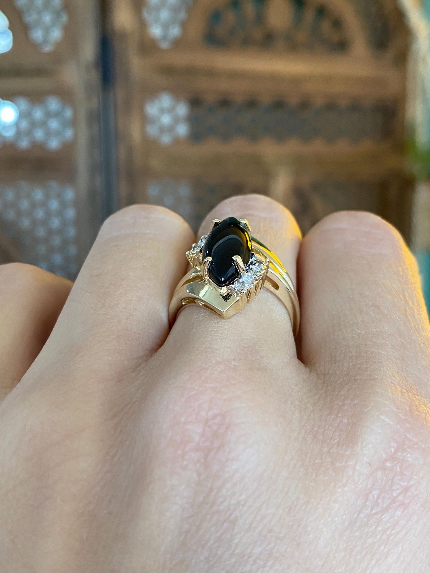 Vintage Solid 14k Yellow Gold Diamond Black Onyx Marquis Ring - Size 6