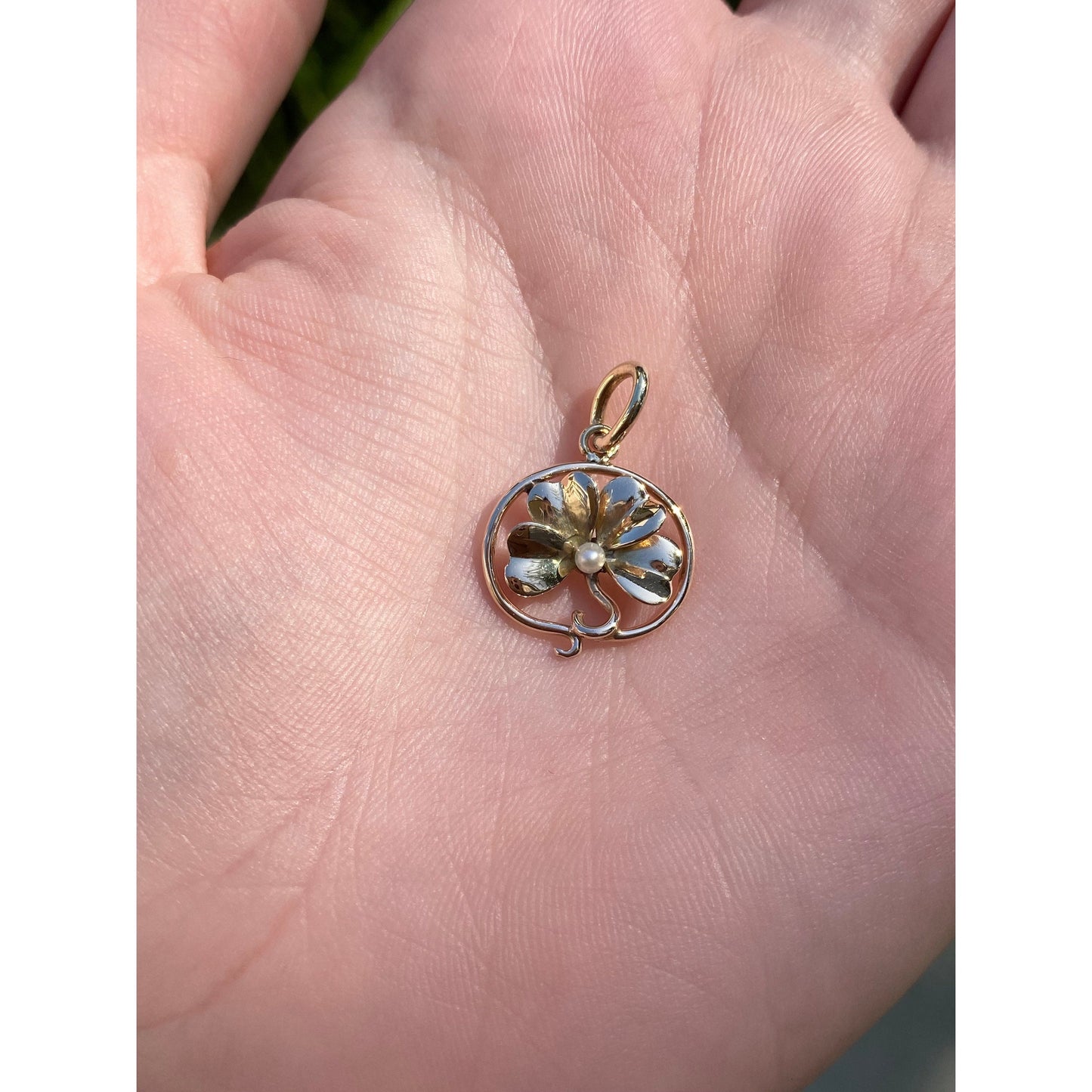 Vintage Solid 14k Yellow Gold Pearl Four Leaf Clover Stick Pin Conversion Charm