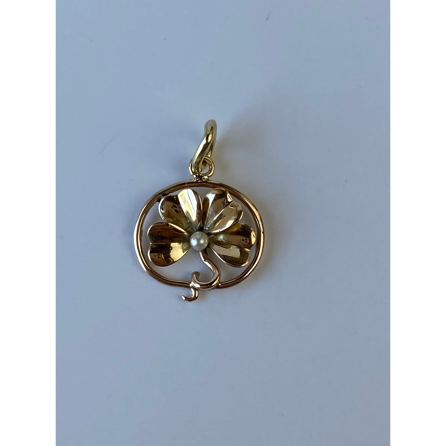 Vintage Solid 14k Yellow Gold Pearl Four Leaf Clover Stick Pin Conversion Charm