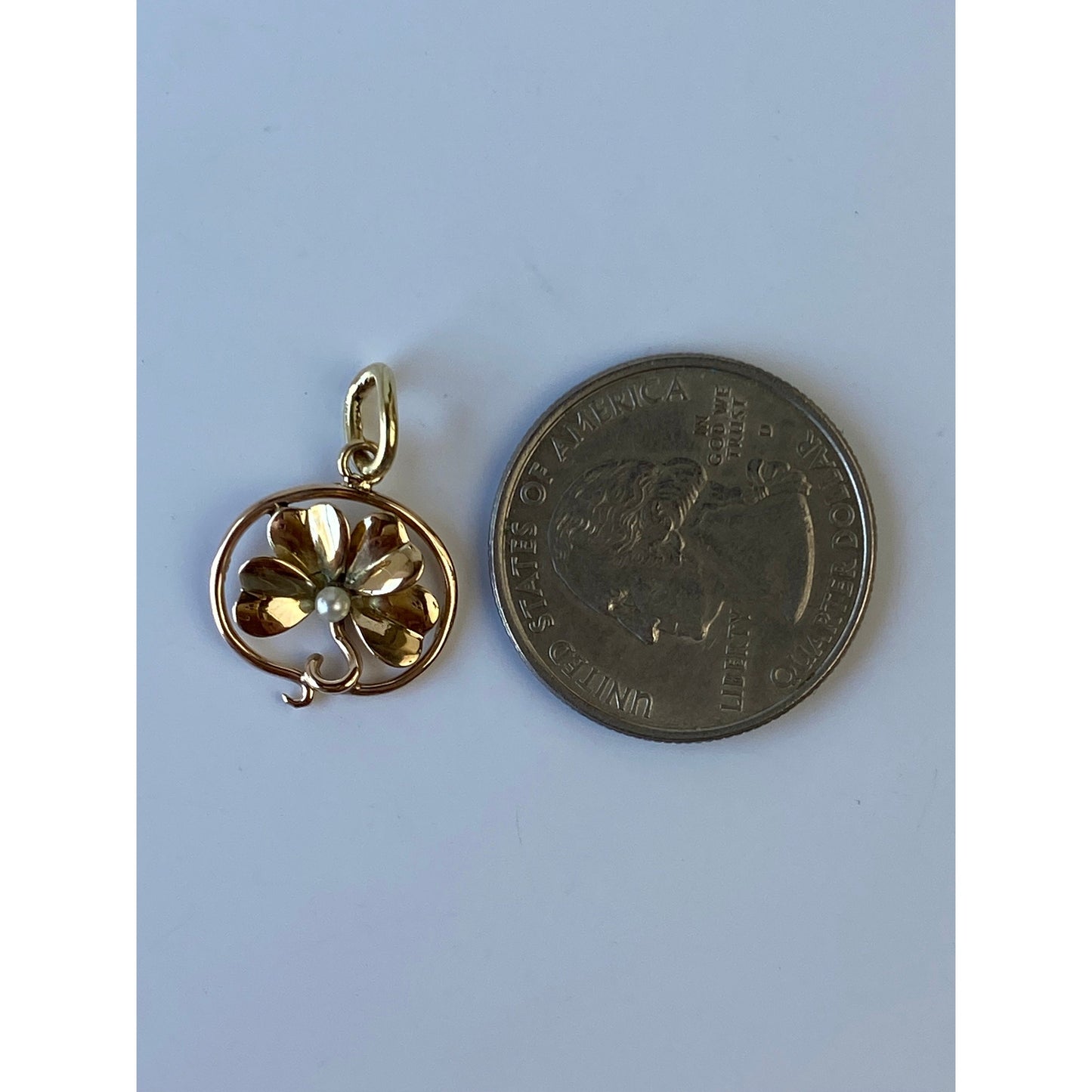 Vintage Solid 14k Yellow Gold Pearl Four Leaf Clover Stick Pin Conversion Charm