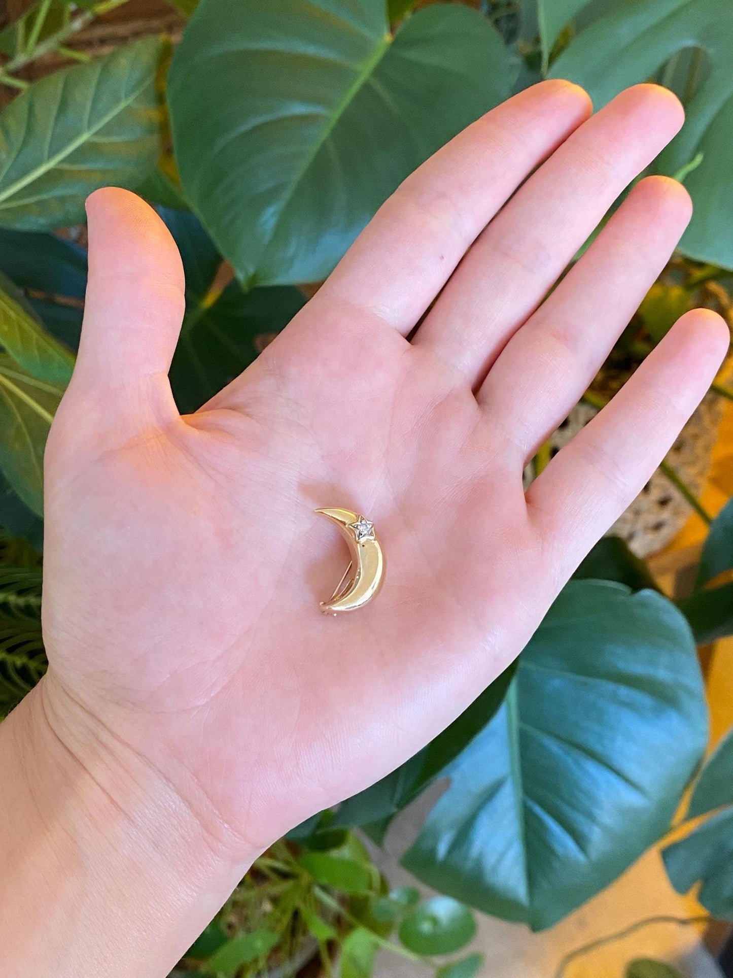 Vintage Solid 14k White & Yellow Gold Diamond Crescent Moon and Star Pin Charm