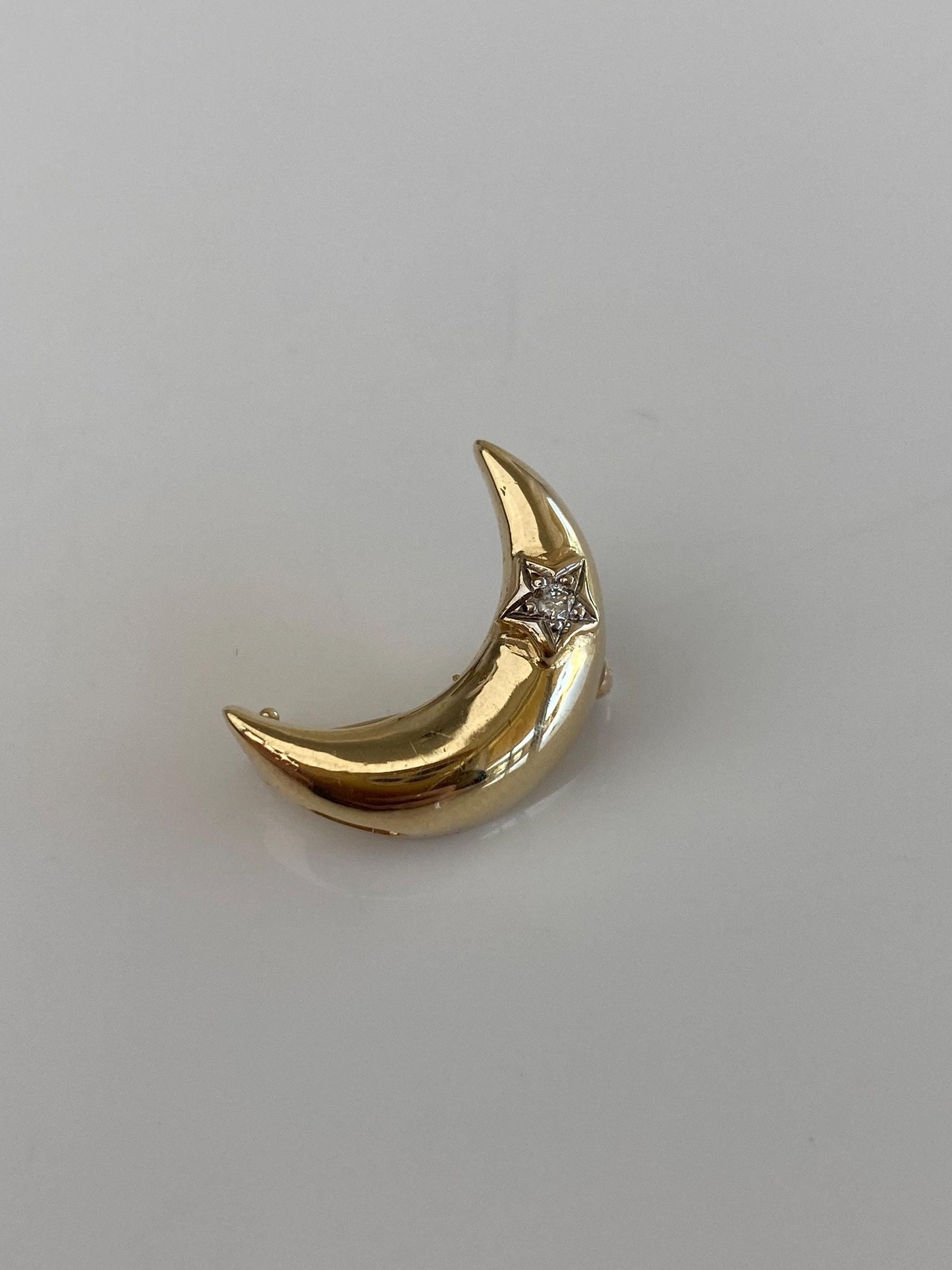Vintage Solid 14k White & Yellow Gold Diamond Crescent Moon and Star Pin Charm