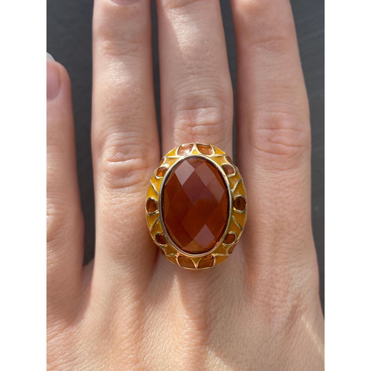 Vintage Solid 14k Yellow Gold Citrine Enamel Cocktail Ring - Size 7.75