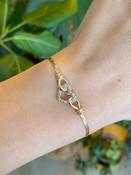 Vintage Solid 14k White & Yellow Gold Diamond Heart Flat Chain Bracelet - 6.5 inches