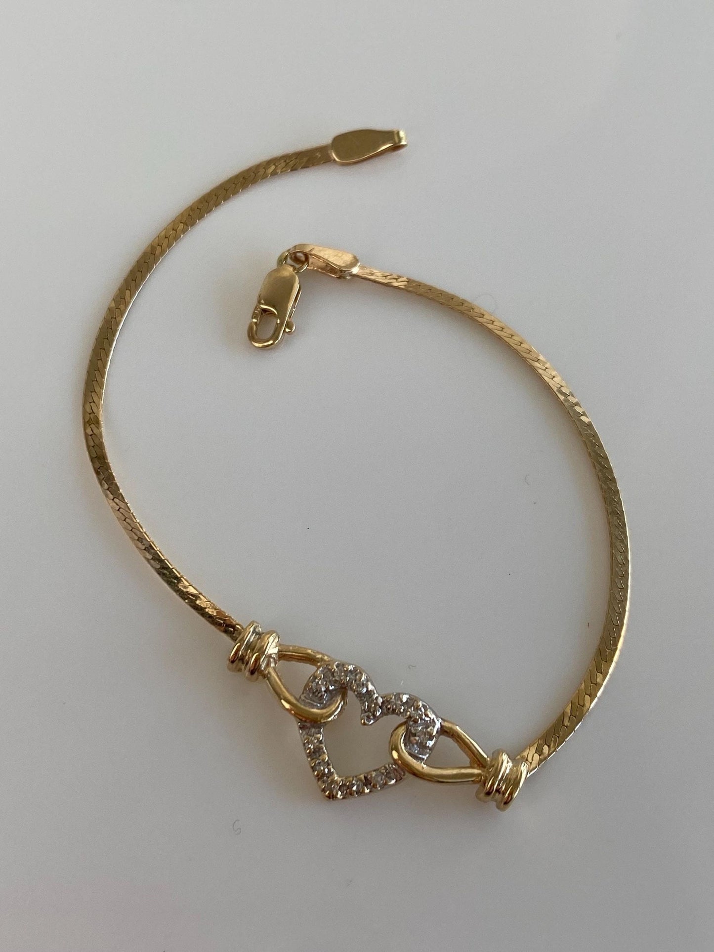 Vintage Solid 14k White & Yellow Gold Diamond Heart Flat Chain Bracelet - 6.5 inches