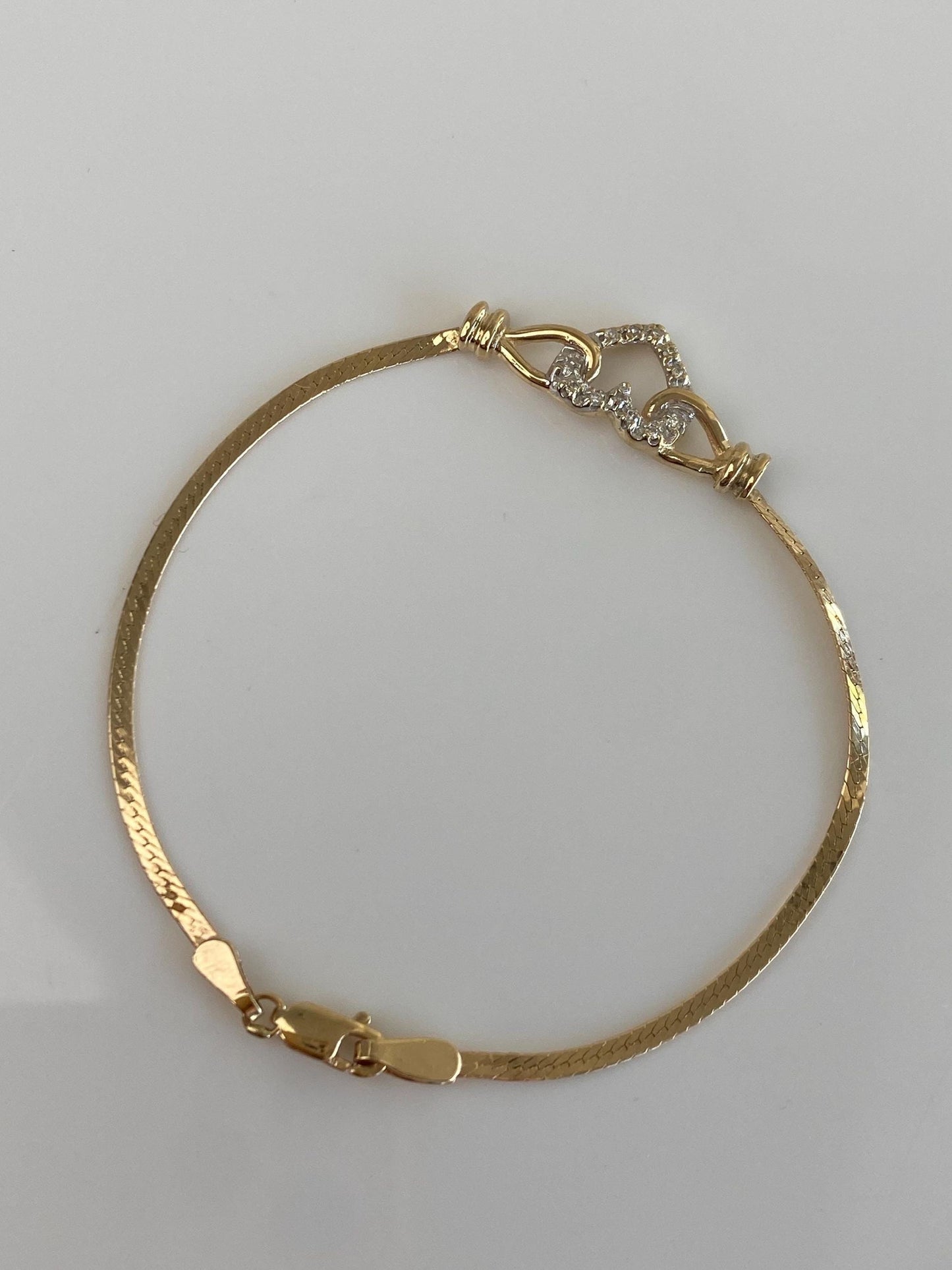 Vintage Solid 14k White & Yellow Gold Diamond Heart Flat Chain Bracelet - 6.5 inches