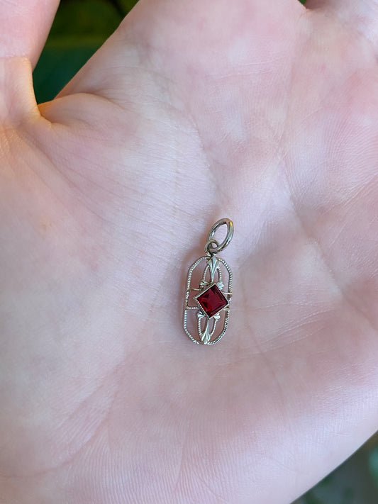 Vintage Solid 10k White Gold Red Cubic Zirconia Stick Pin Charm