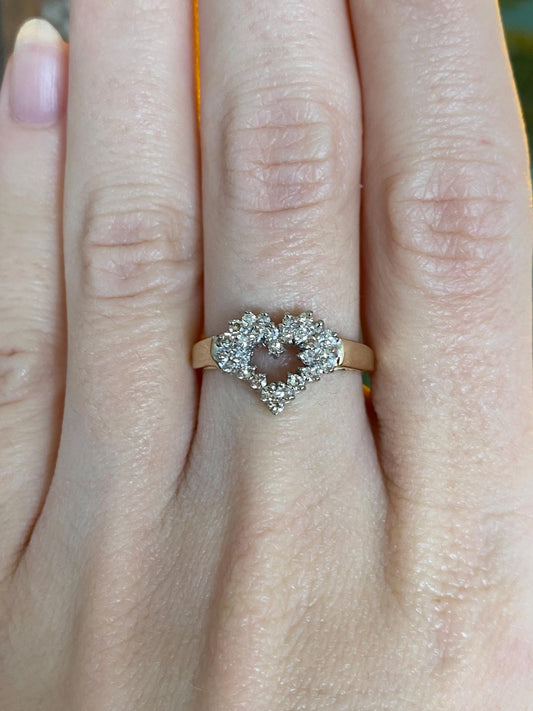 Vintage Solid 14k White & Yellow Gold Diamond Heart Ring - Size 7