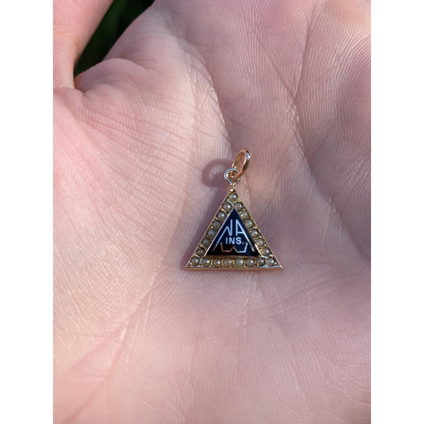 Vintage Solid 10k Yellow Gold Black Enamel Seed Pearl Triangle Charm