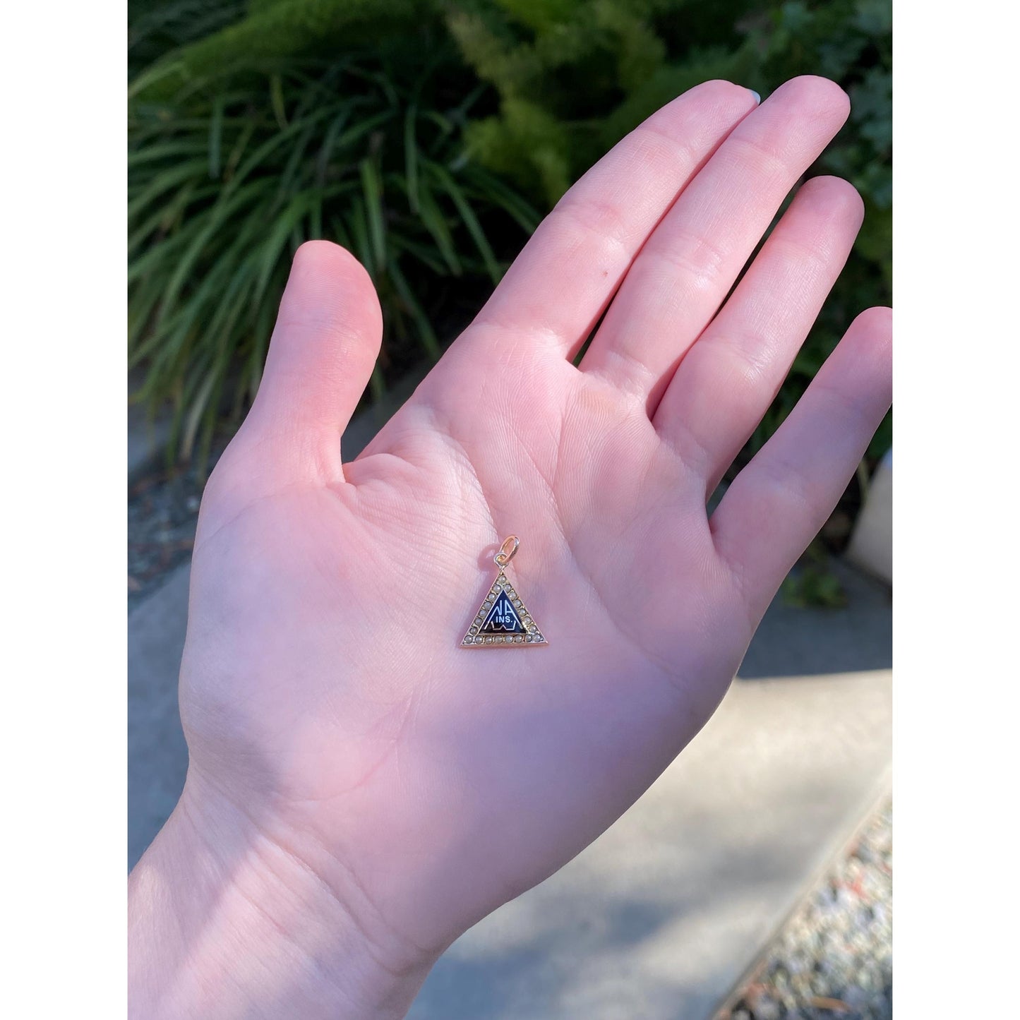 Vintage Solid 10k Yellow Gold Black Enamel Seed Pearl Triangle Charm