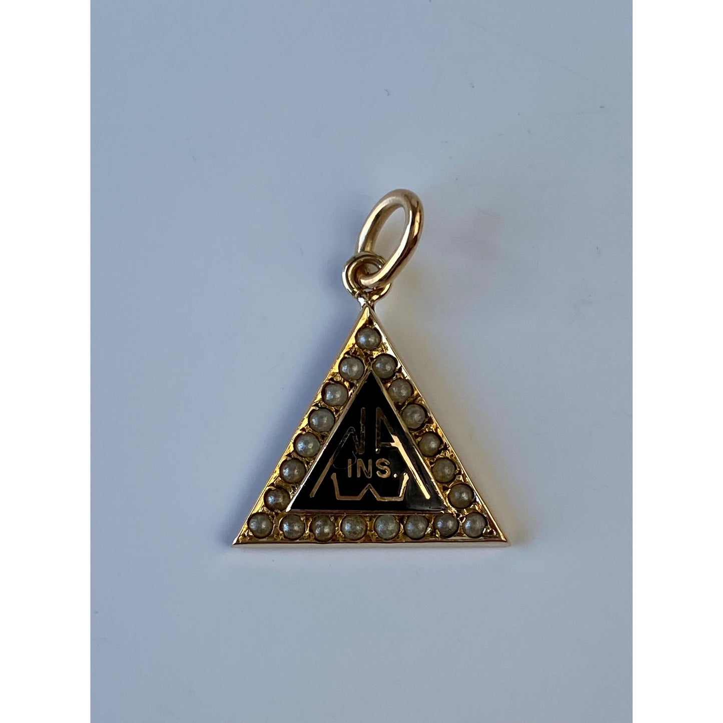 Vintage Solid 10k Yellow Gold Black Enamel Seed Pearl Triangle Charm