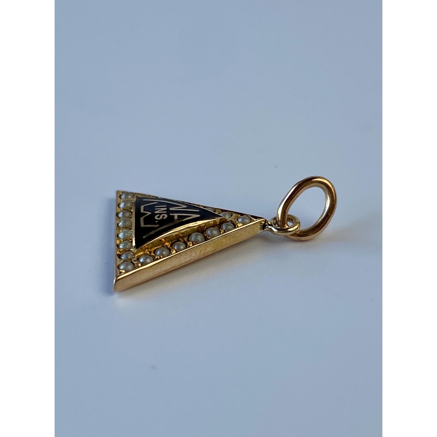 Vintage Solid 10k Yellow Gold Black Enamel Seed Pearl Triangle Charm