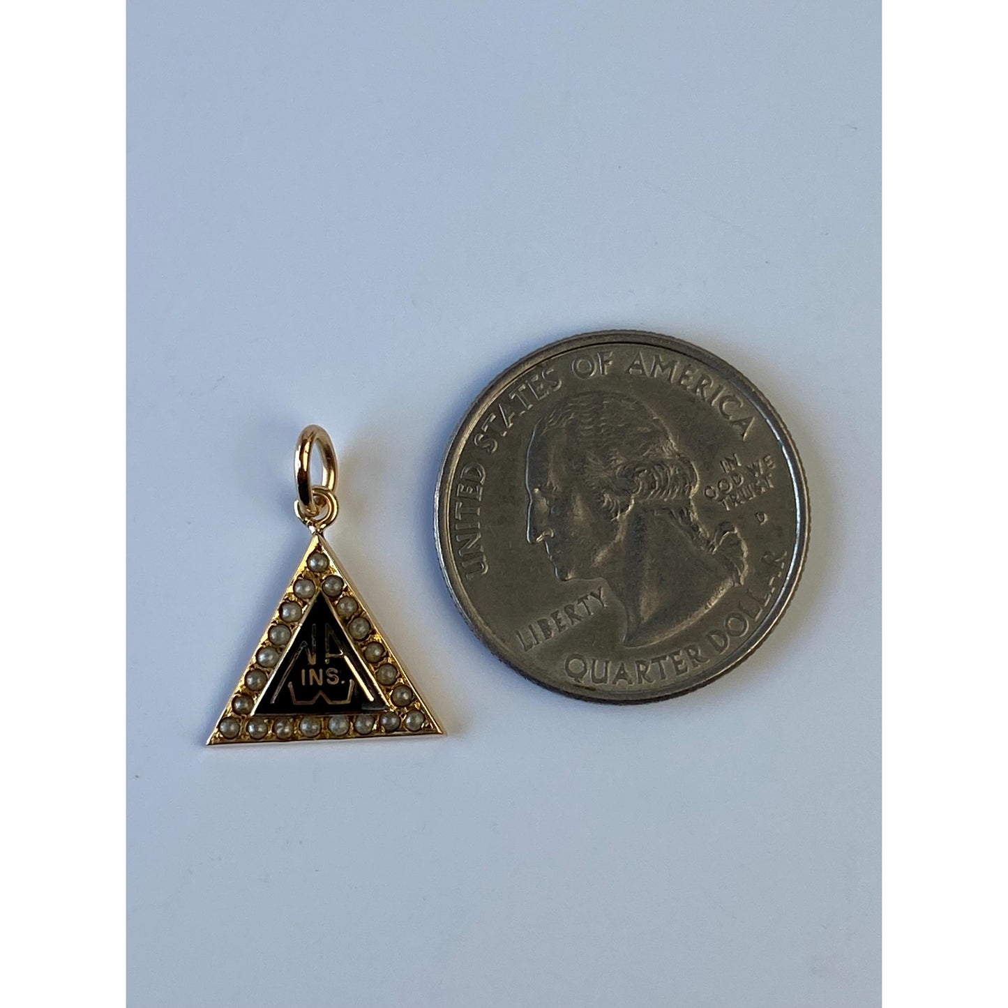 Vintage Solid 10k Yellow Gold Black Enamel Seed Pearl Triangle Charm
