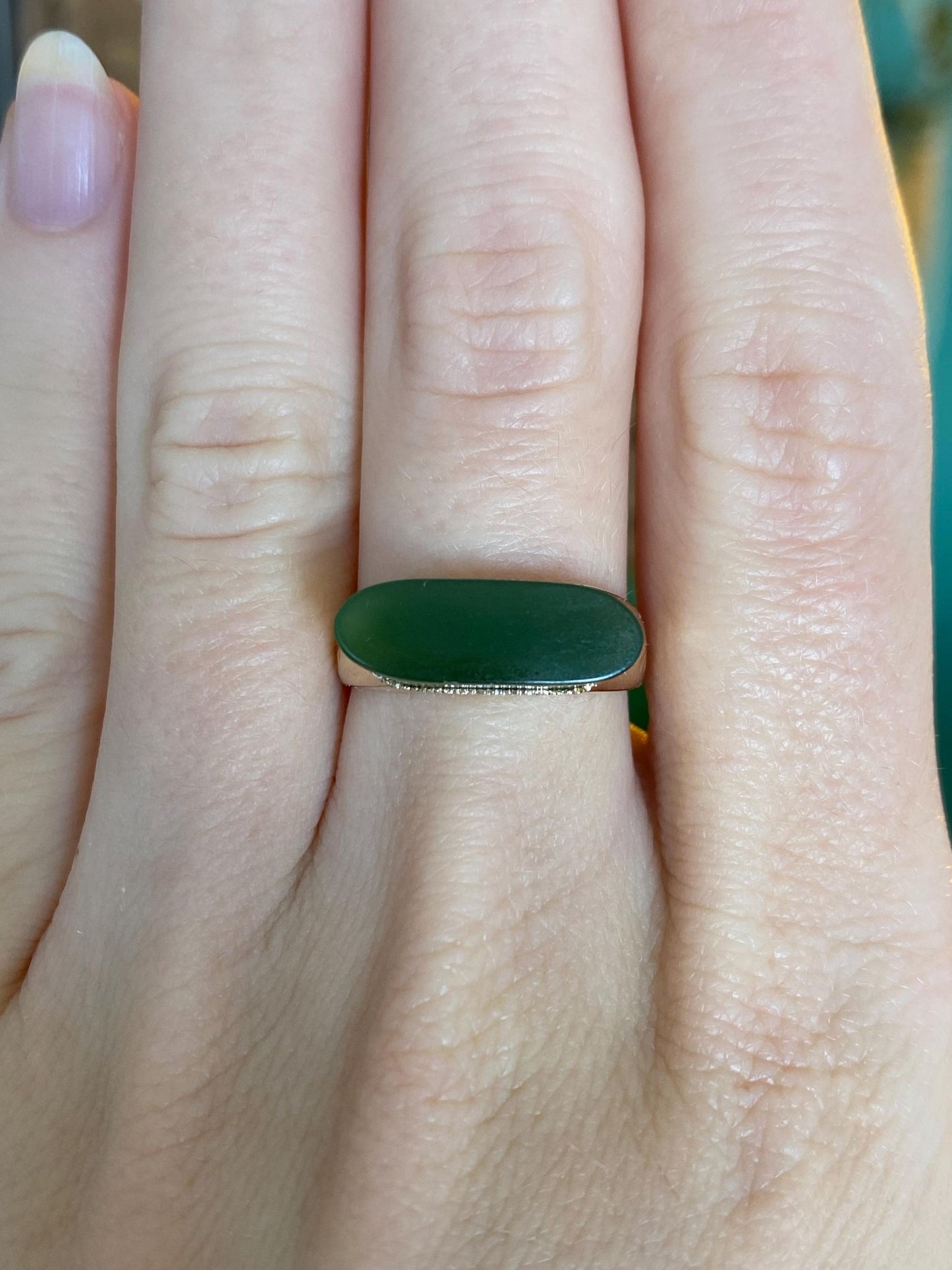 Solid 12k Yellow Gold Nephrite Ring - Size 6.75
