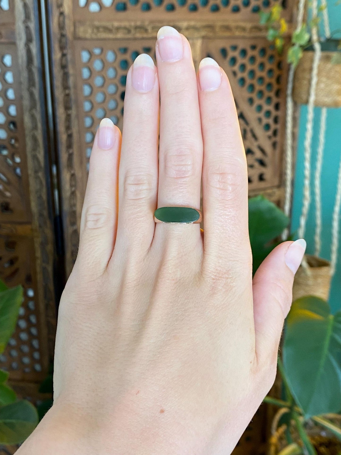 Solid 12k Yellow Gold Nephrite Ring - Size 6.75